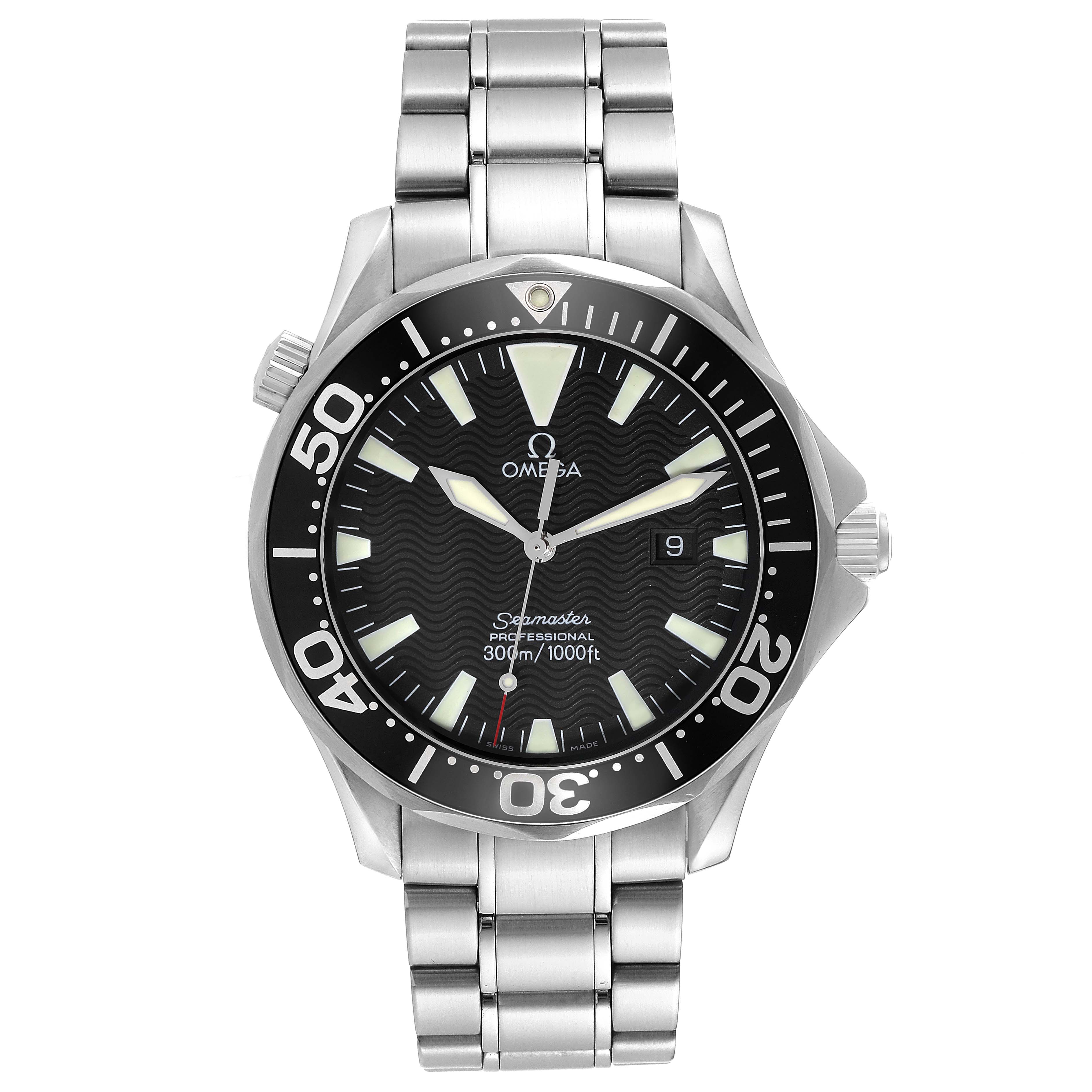 This Omega Seamaster 2264.50.00 Men
s Stainless Steel Black Dial 2264.50.00 Men
s Stainless Steel Black Dial watch is shown from the front, displaying its bezel, dial, hands, and stainless steel bracelet.