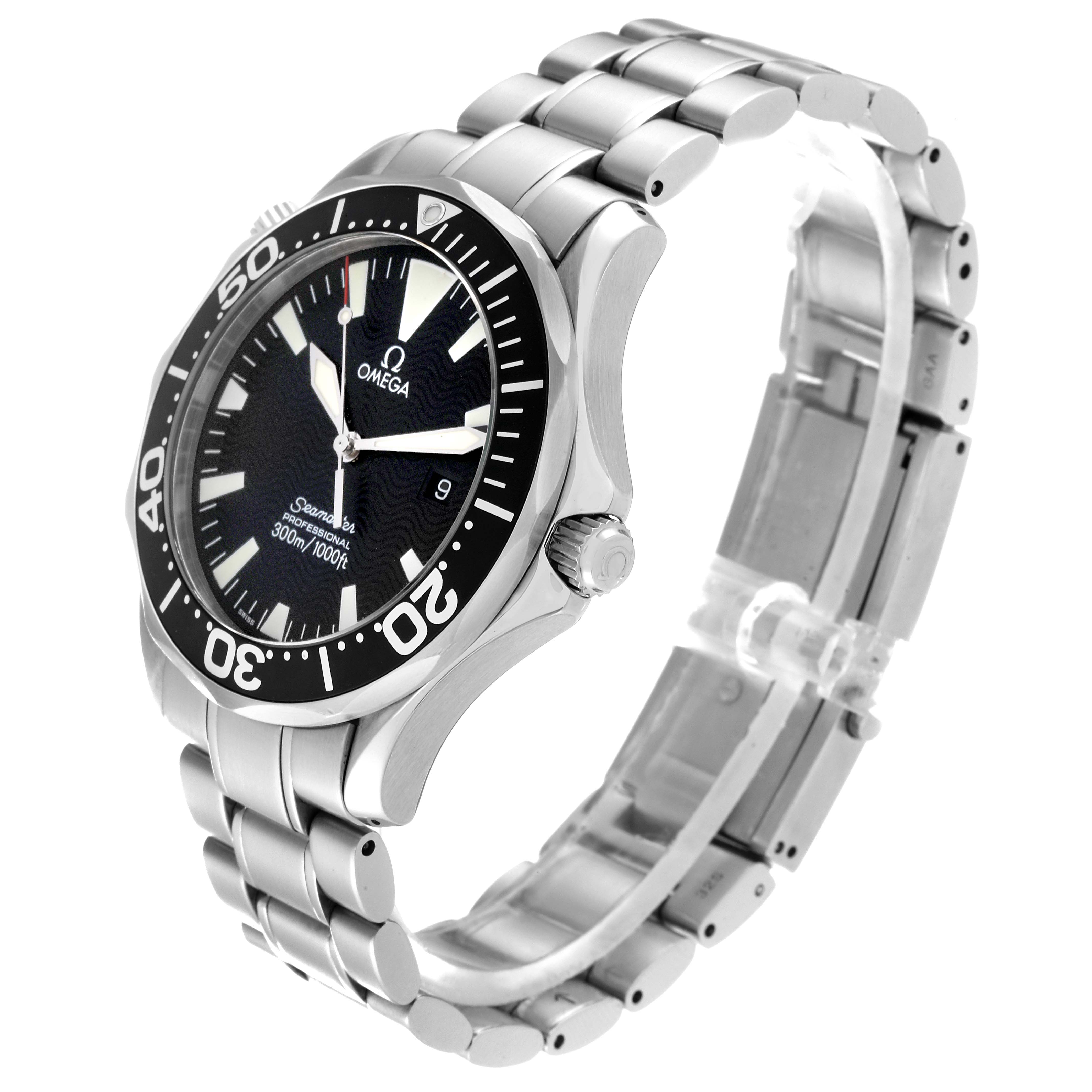 The image shows an Omega Seamaster 2264.50.00 Men
s Stainless Steel Black Dial 2264.50.00 Men
s Stainless Steel Black Dial watch at an angle displaying the face, bezel, crown, and stainless steel bracelet.