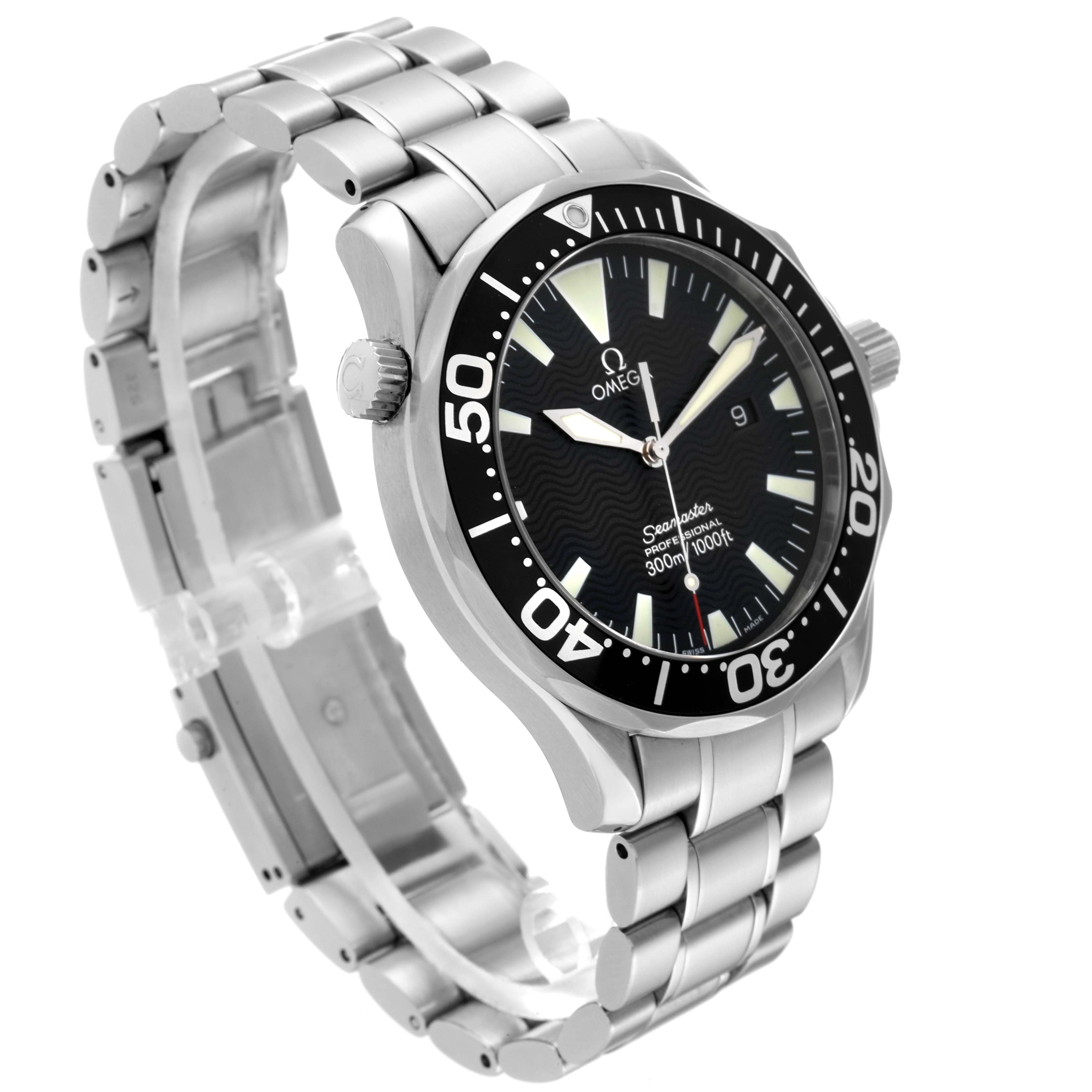 The Omega Seamaster 2264.50.00 Men
s Stainless Steel Black Dial 2264.50.00 Men
s Stainless Steel Black Dial watch is shown from a three-quarter angle, highlighting the face, bezel, crown, and bracelet.