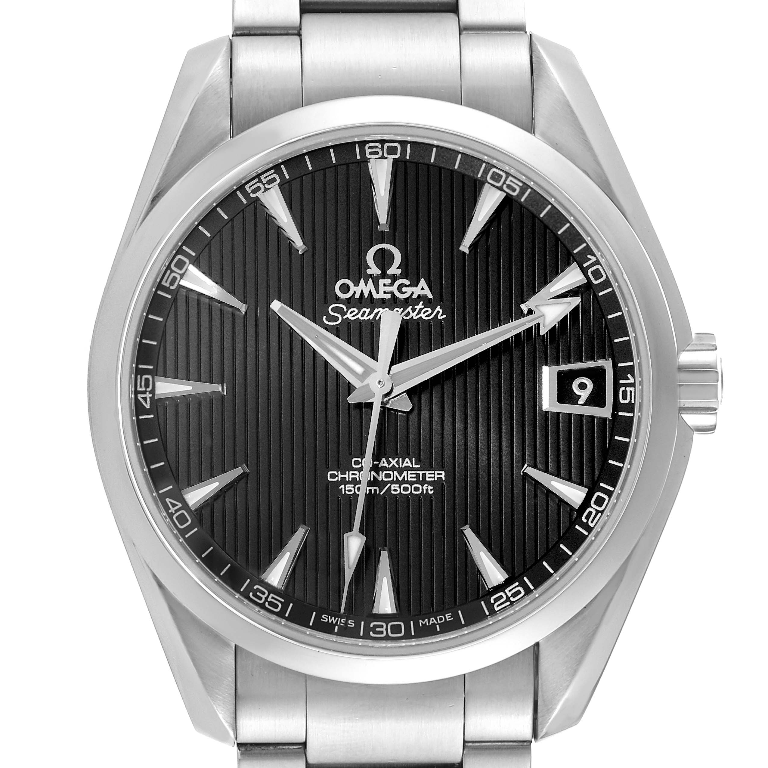 The image shows a front view of the Omega Aqua Terra 231.10.39.21.01.001 Men's Stainless Steel Black Dial 231.10.39.21.01.001 Men's Stainless Steel Black Dial watch, highlighting its black dial, date window, and silver hands and markers.