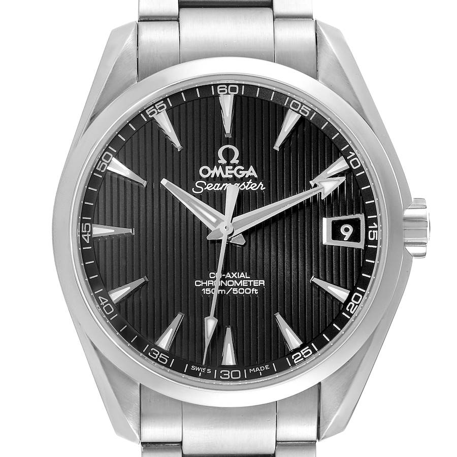 The image shows a front view of the Omega Aqua Terra watch, highlighting its black dial, date window, and silver hands and markers.