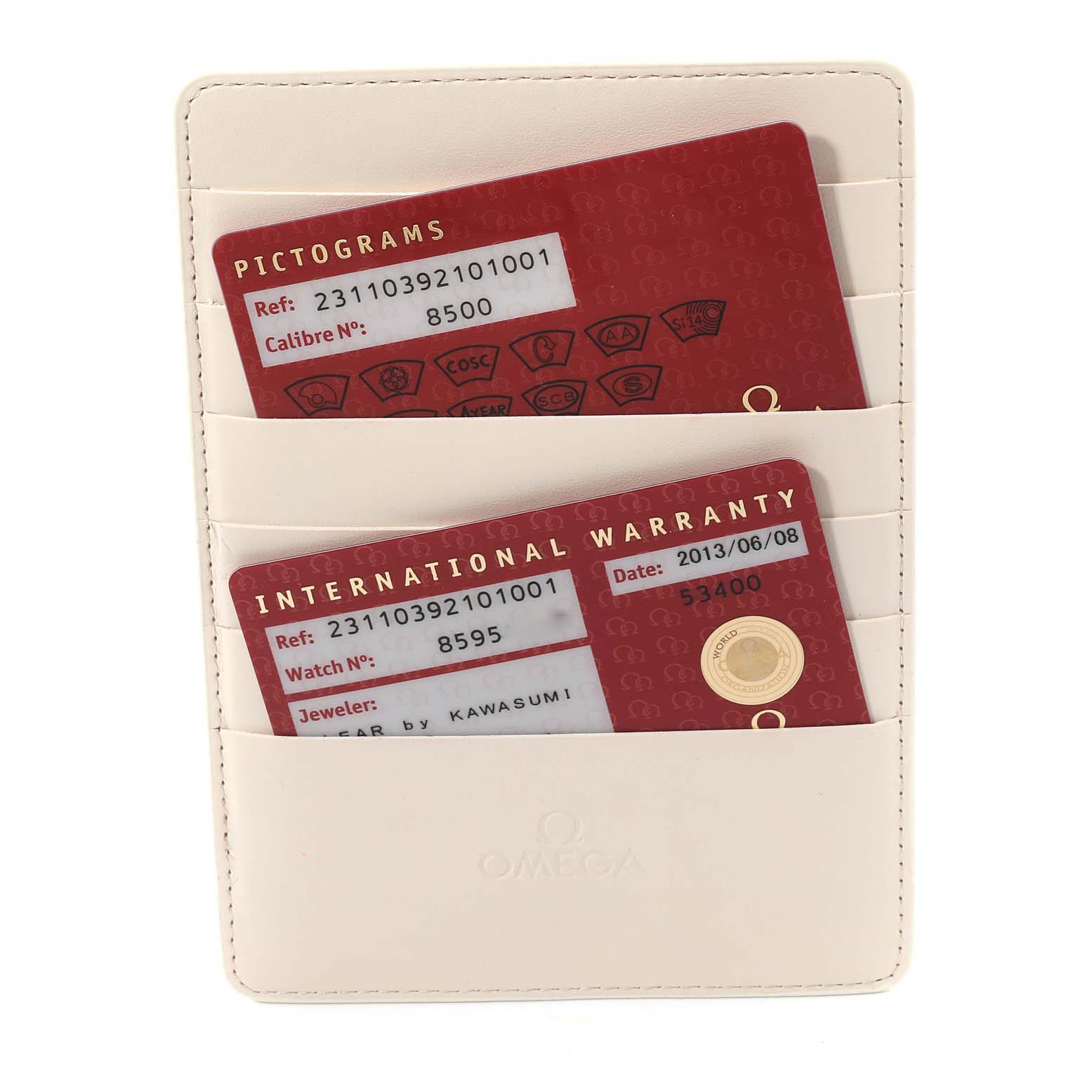 The image displays the warranty and pictograms cards for the Omega Aqua Terra 231.10.39.21.01.001 Men's Stainless Steel Black Dial 231.10.39.21.01.001 Men's Stainless Steel Black Dial model, placed inside a white cardholder.