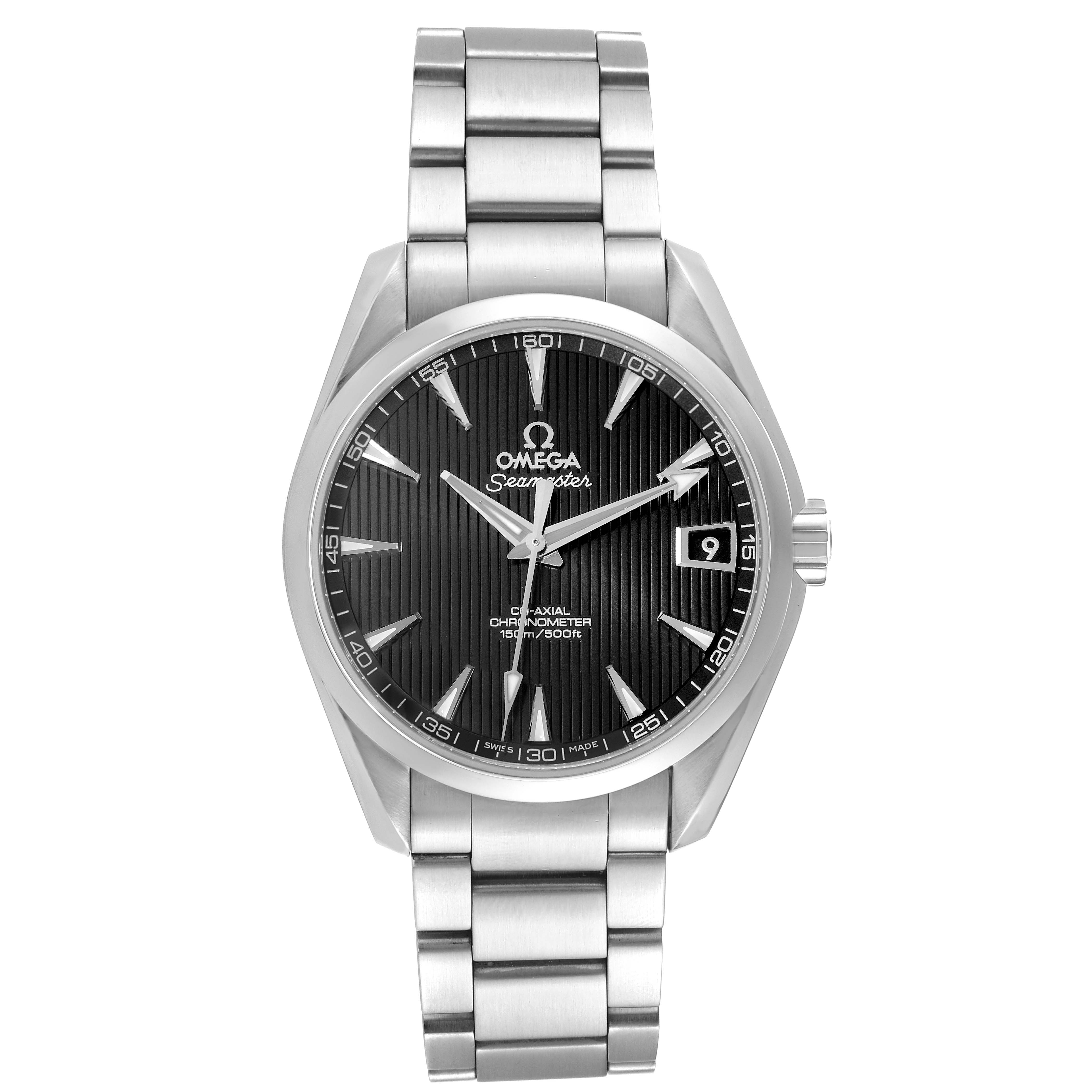 The image shows a front view of the Omega Aqua Terra 231.10.39.21.01.001 Men's Stainless Steel Black Dial 231.10.39.21.01.001 Men's Stainless Steel Black Dial watch, displaying the face, hands, date display, and part of the metal bracelet.