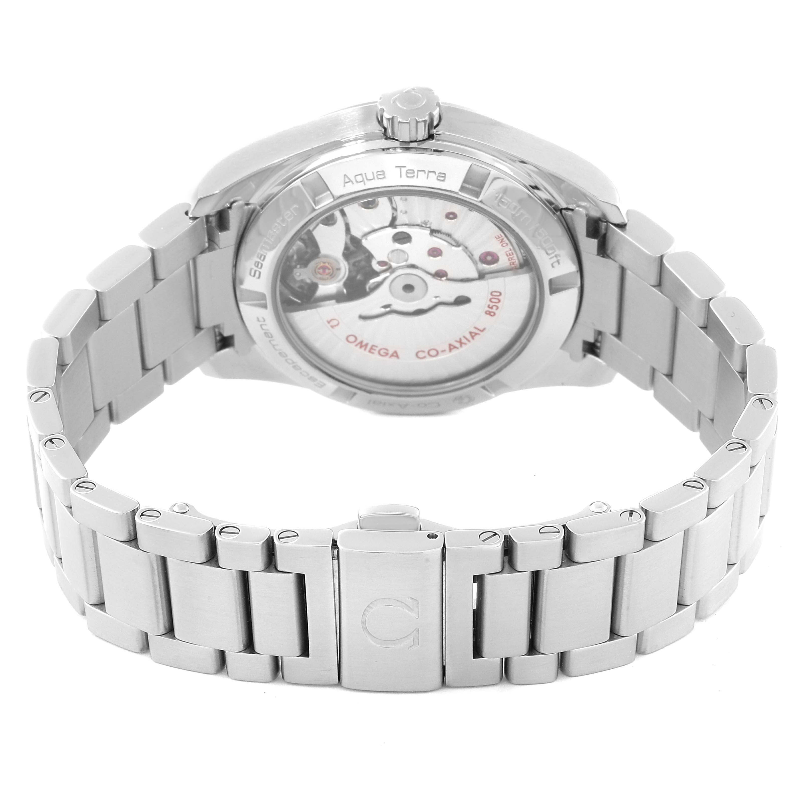 The image shows the back view of the Omega Aqua Terra 231.10.39.21.01.001 Men's Stainless Steel Black Dial 231.10.39.21.01.001 Men's Stainless Steel Black Dial watch, highlighting its mechanical movement and stainless steel bracelet.