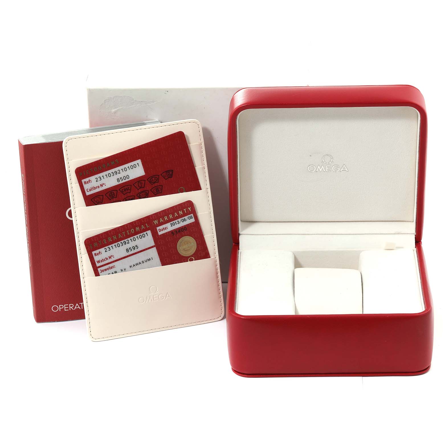 The image shows the packaging, international warranty cards, and an empty watch box for the Omega Aqua Terra 231.10.39.21.01.001 Men's Stainless Steel Black Dial 231.10.39.21.01.001 Men's Stainless Steel Black Dial model.