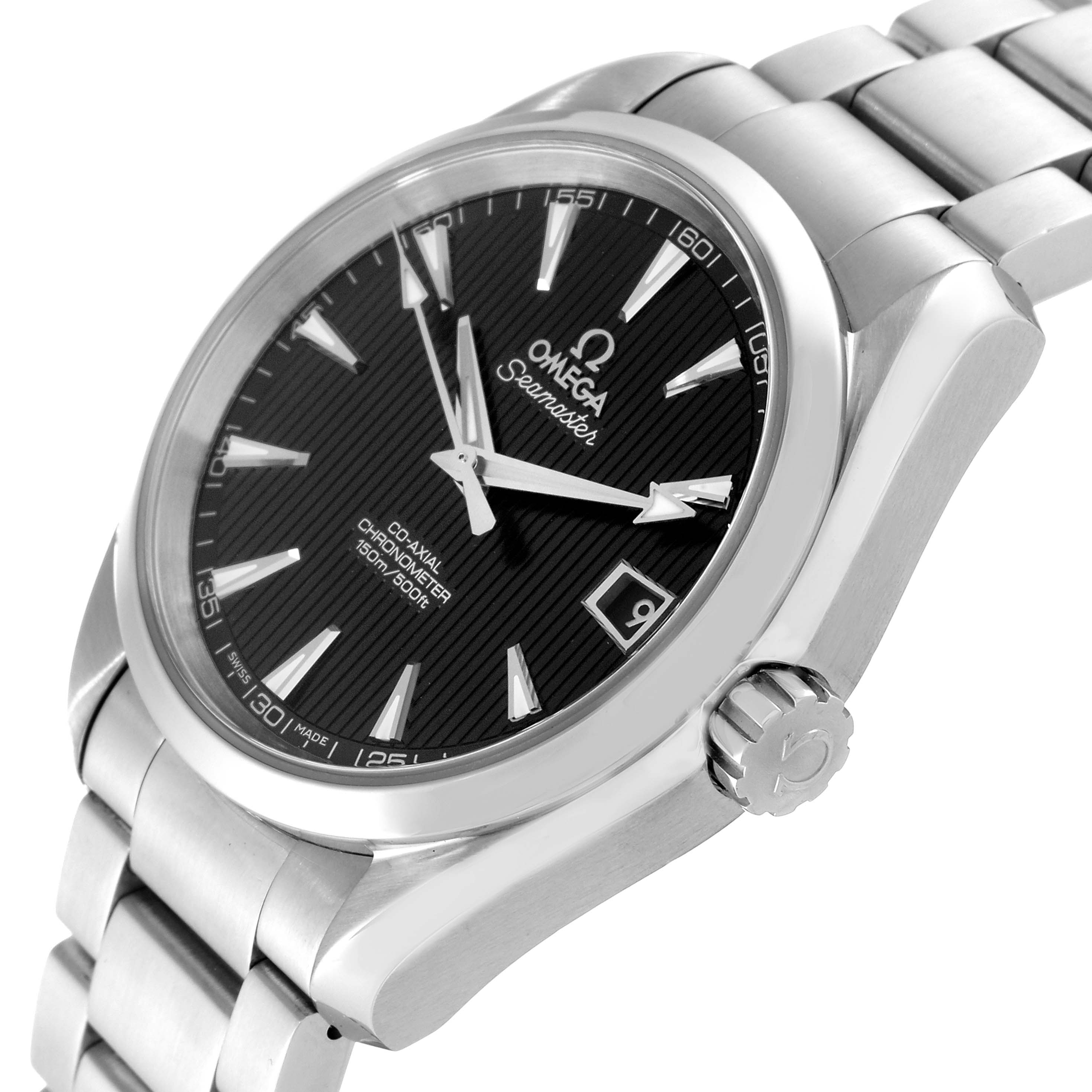 This image shows the Omega Seamaster Aqua Terra watch at a slight angle, highlighting the face, crown, and part of the bracelet.