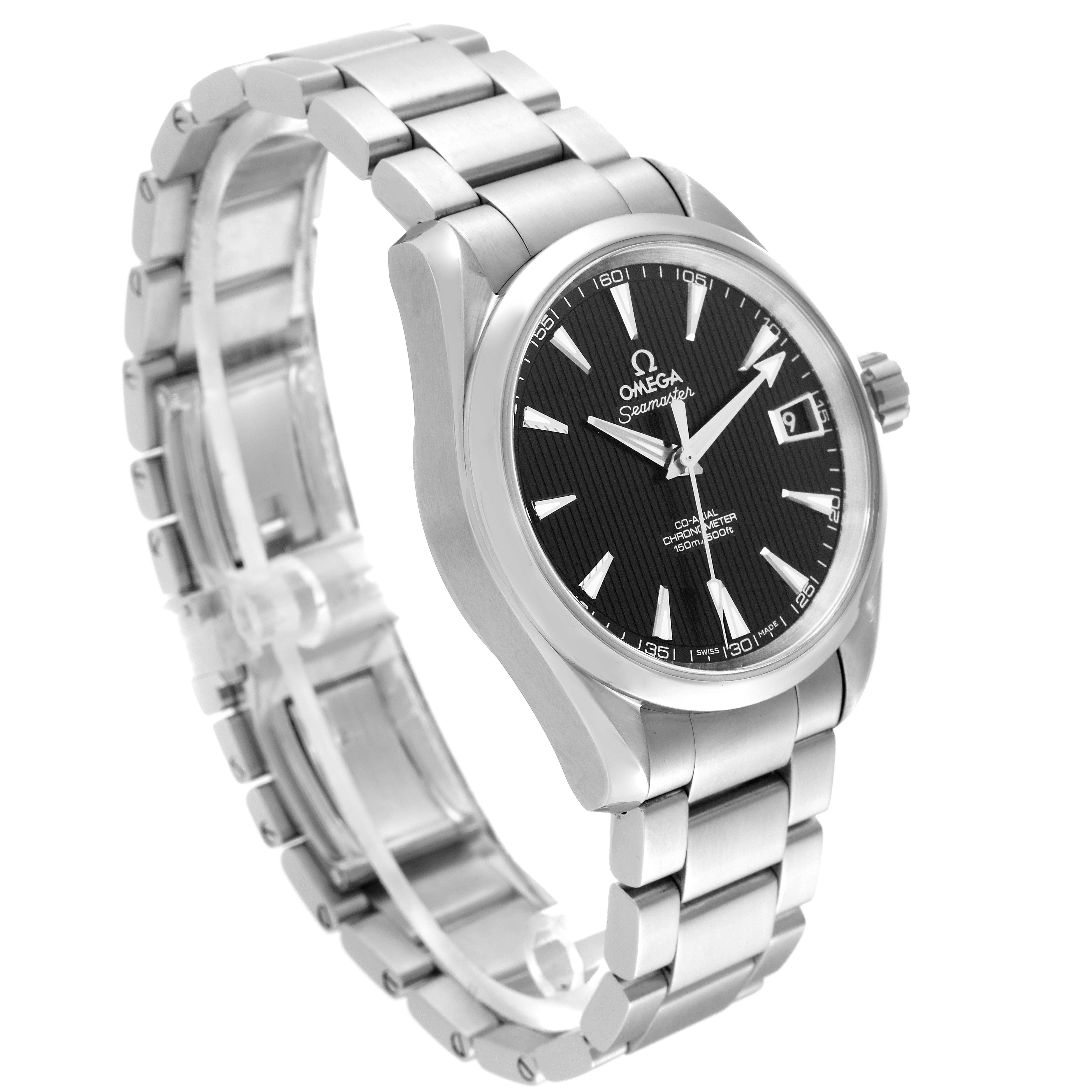 This Aqua Terra model by Omega is shown at a slight left angle, displaying the face, bracelet, and part of the crown.