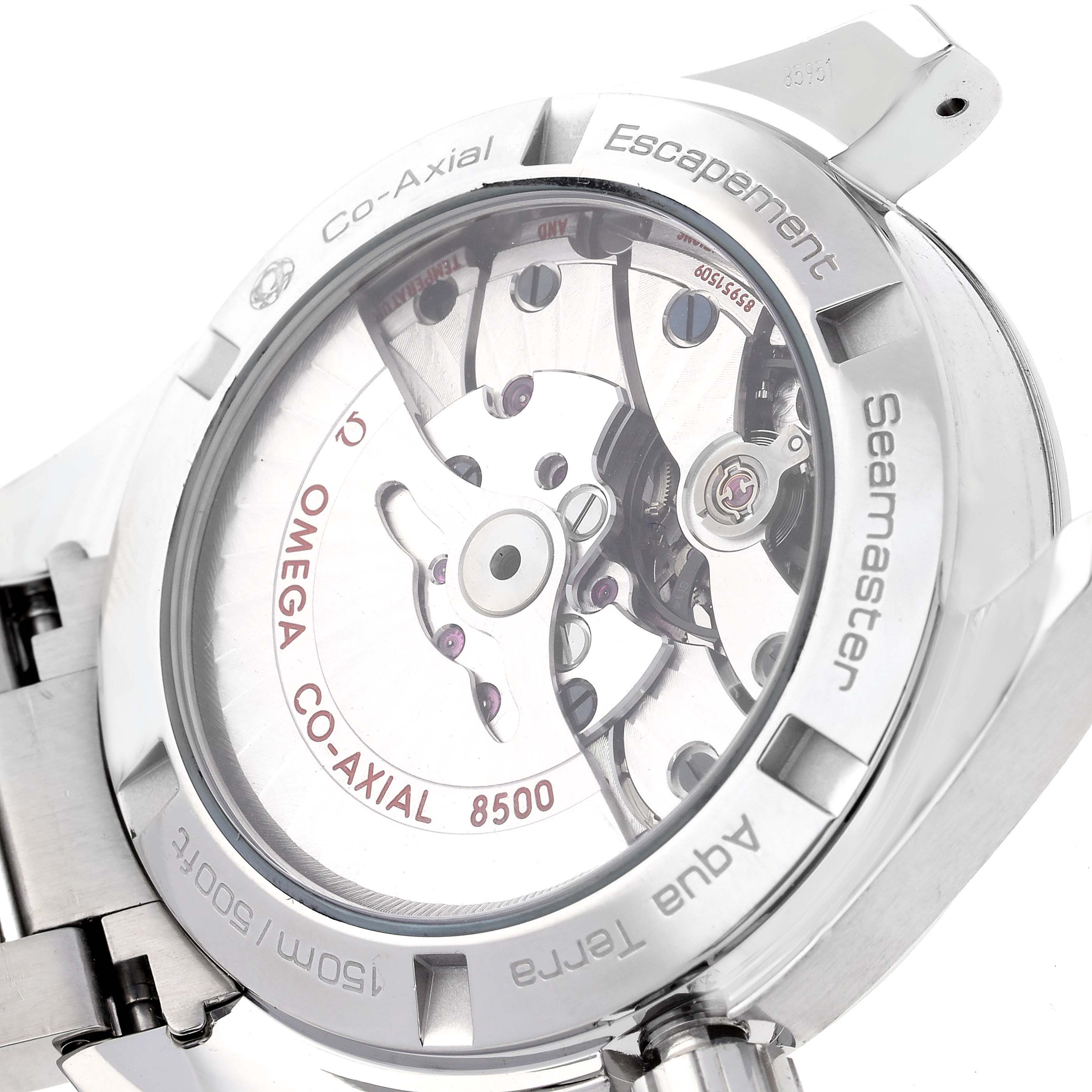 The image shows the back of an Omega Aqua Terra 231.10.39.21.01.001 Men's Stainless Steel Black Dial 231.10.39.21.01.001 Men's Stainless Steel Black Dial watch, highlighting the Co-Axial 8500 movement and Seamaster branding.