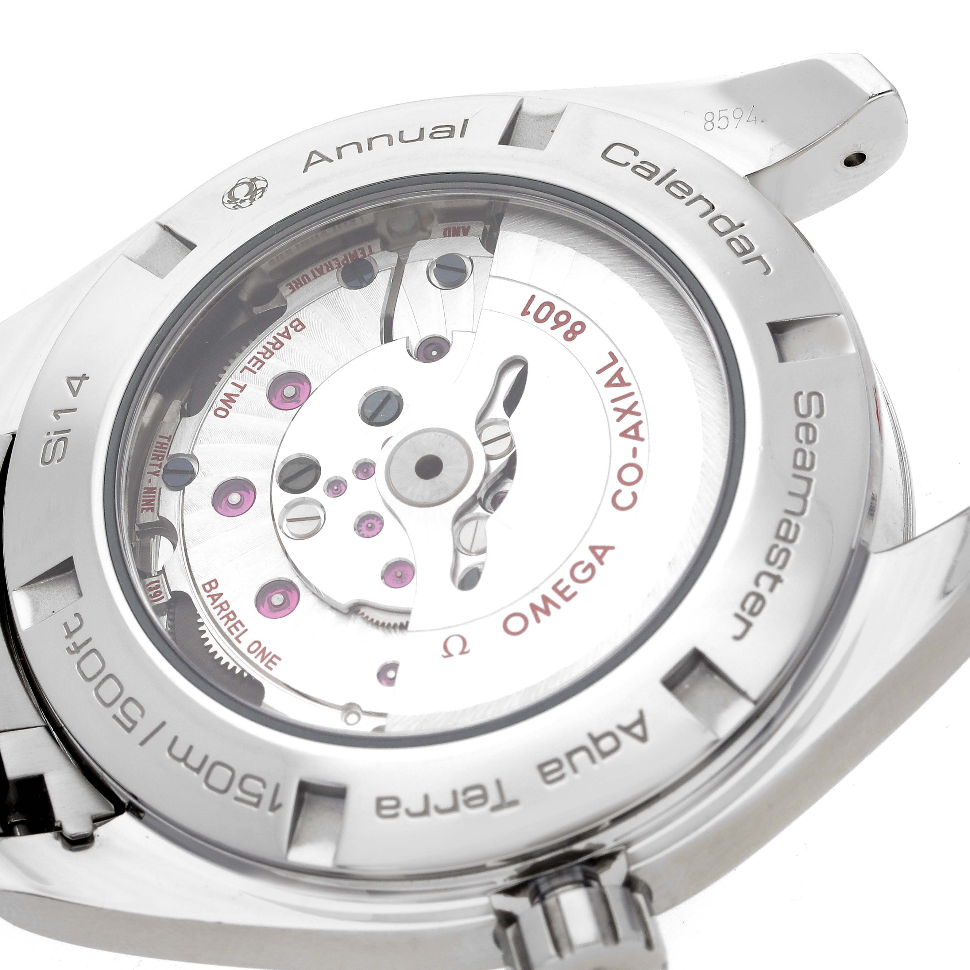 The image shows the back view of the Omega Aqua Terra 231.10.43.22.03.002 Men
s Stainless Steel Blue Dial 231.10.43.22.03.002 Men
s Stainless Steel Blue Dial watch, highlighting its Co-Axial movement and rotor mechanism.