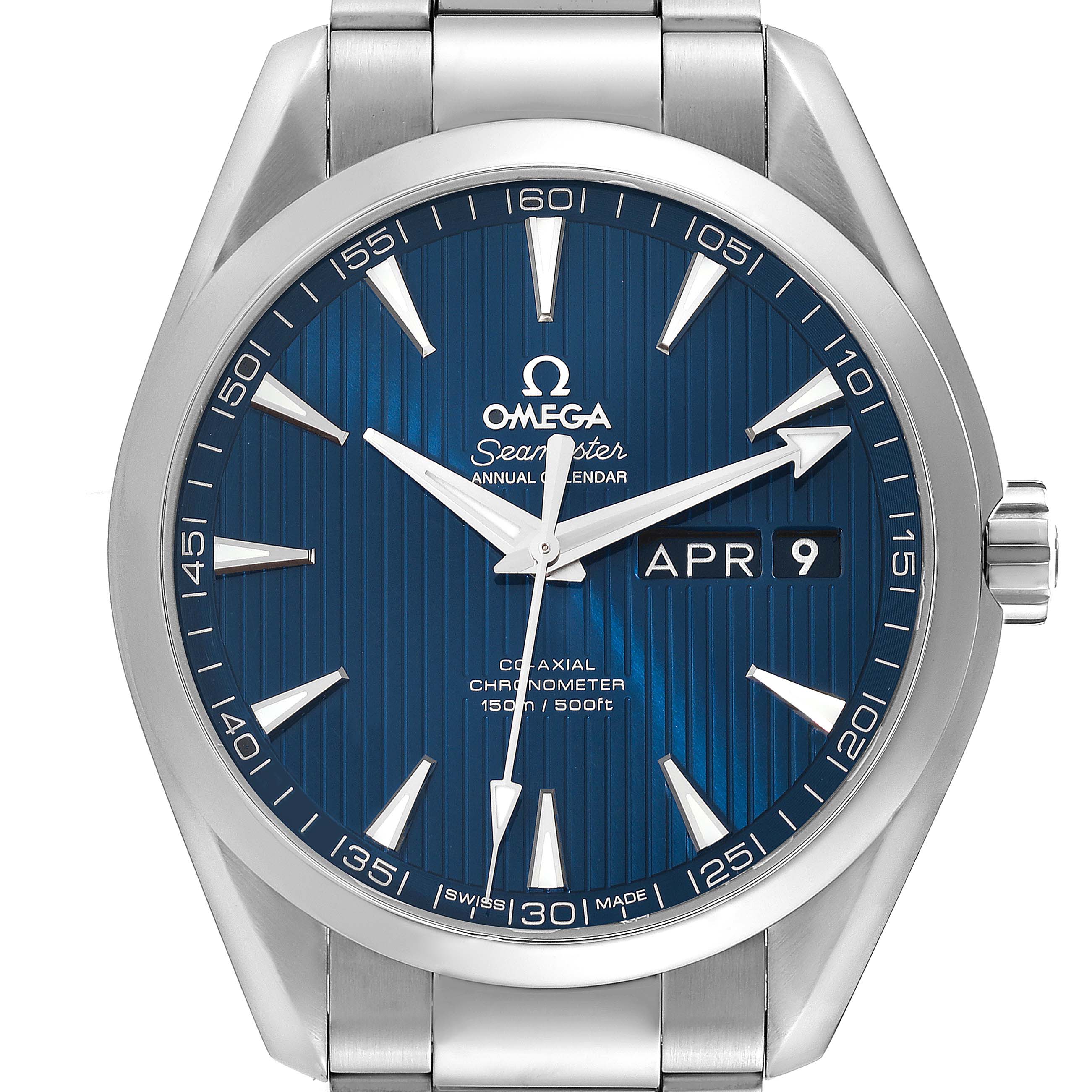 This image shows a head-on view of the Omega Aqua Terra 231.10.43.22.03.002 Men
s Stainless Steel Blue Dial 231.10.43.22.03.002 Men
s Stainless Steel Blue Dial watch, highlighting the dial, hands, markers, and date window.