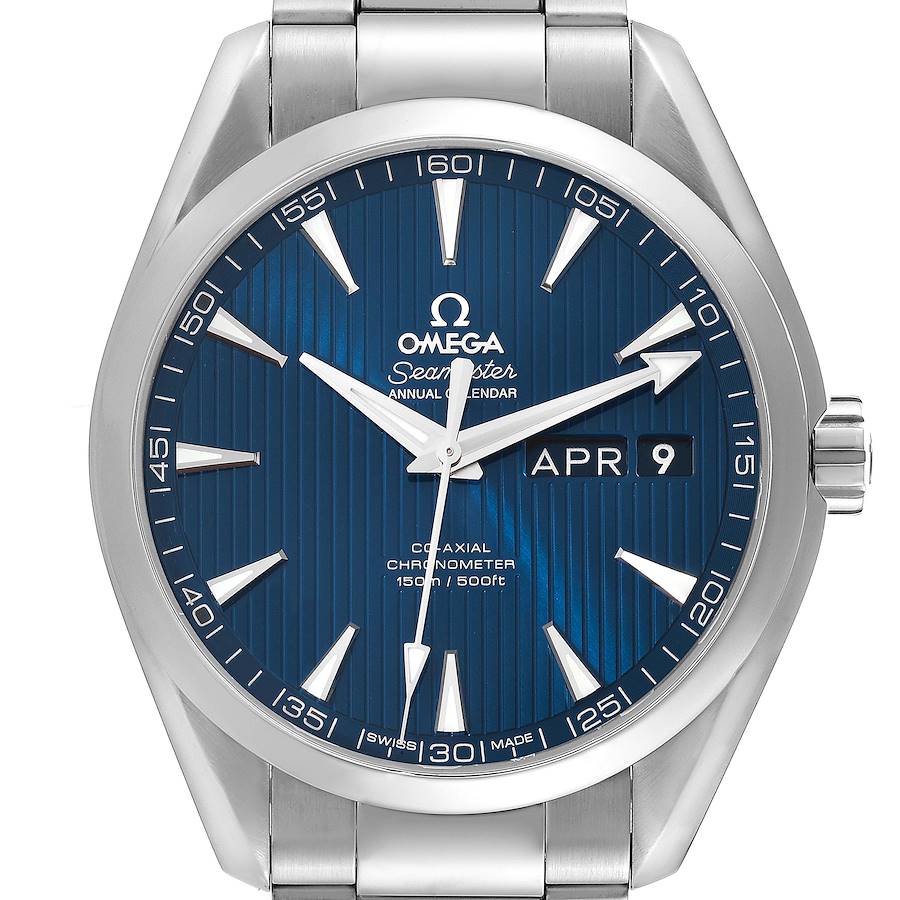 This image shows a head-on view of the Omega Aqua Terra watch, highlighting the dial, hands, markers, and date window.