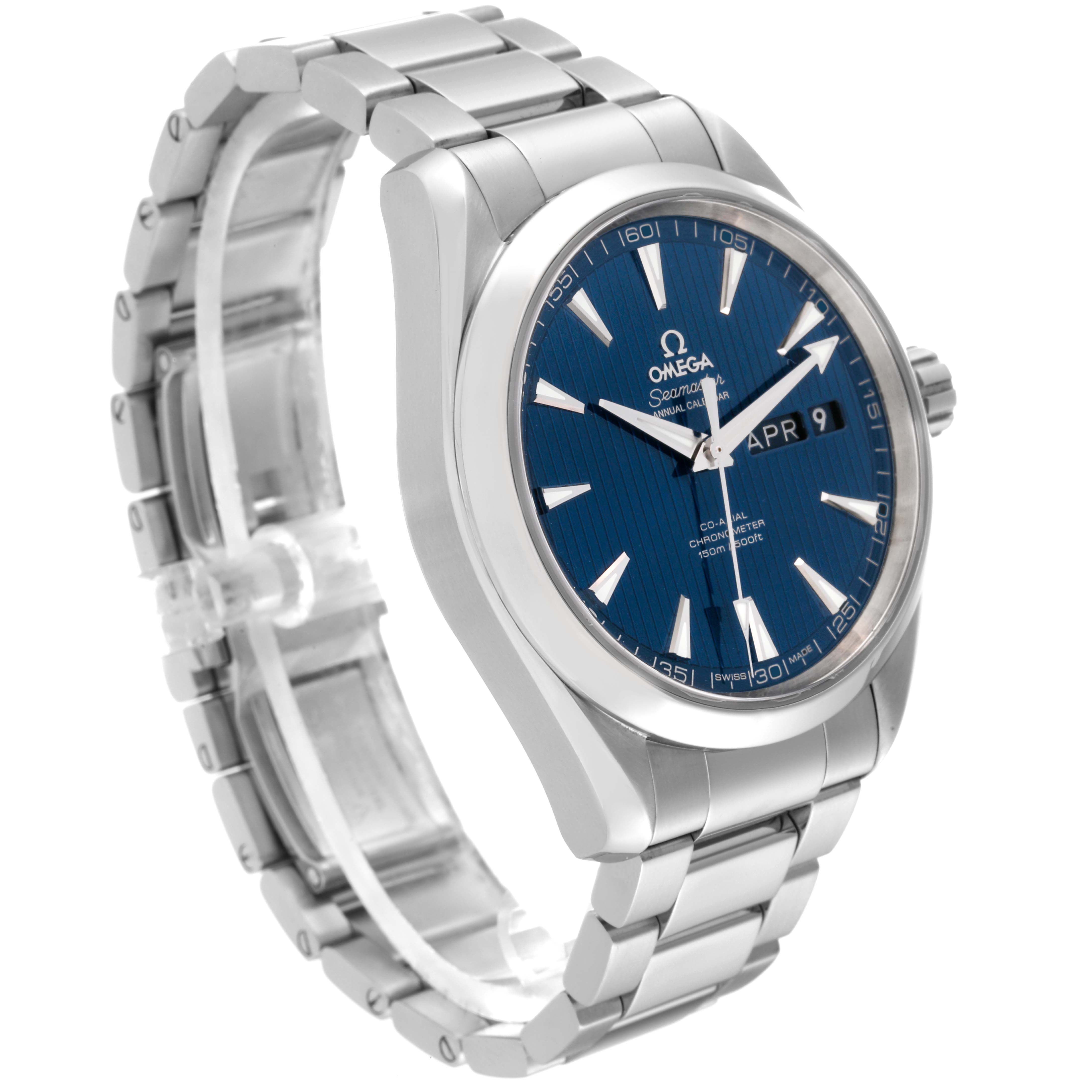 The Omega Aqua Terra 231.10.43.22.03.002 Men
s Stainless Steel Blue Dial 231.10.43.22.03.002 Men
s Stainless Steel Blue Dial watch is shown at an angled side view, displaying the face, bracelet, and crown.