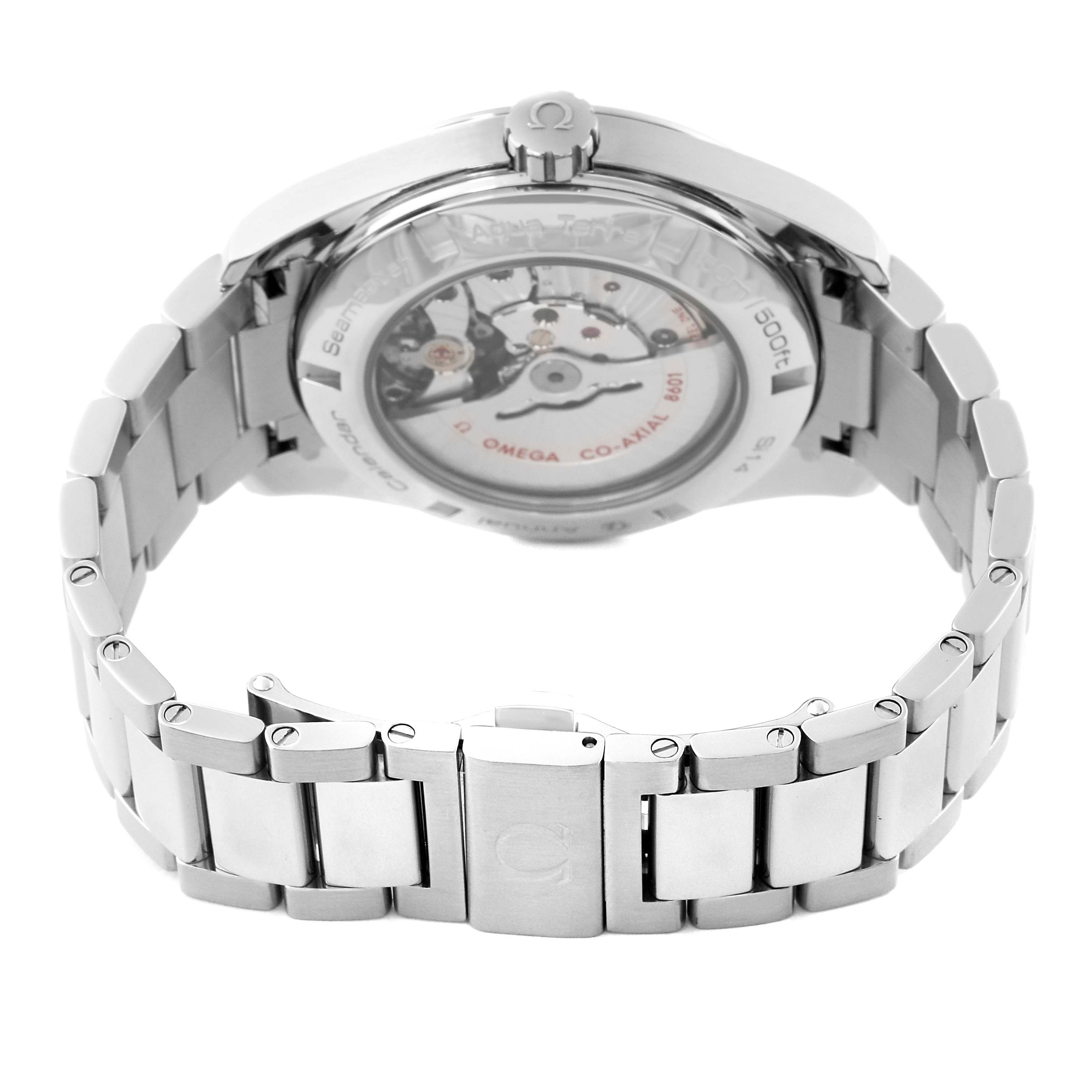 The image shows the back view of an Omega Aqua Terra 231.10.43.22.03.002 Men
s Stainless Steel Blue Dial 231.10.43.22.03.002 Men
s Stainless Steel Blue Dial watch, highlighting the case back and stainless steel bracelet.