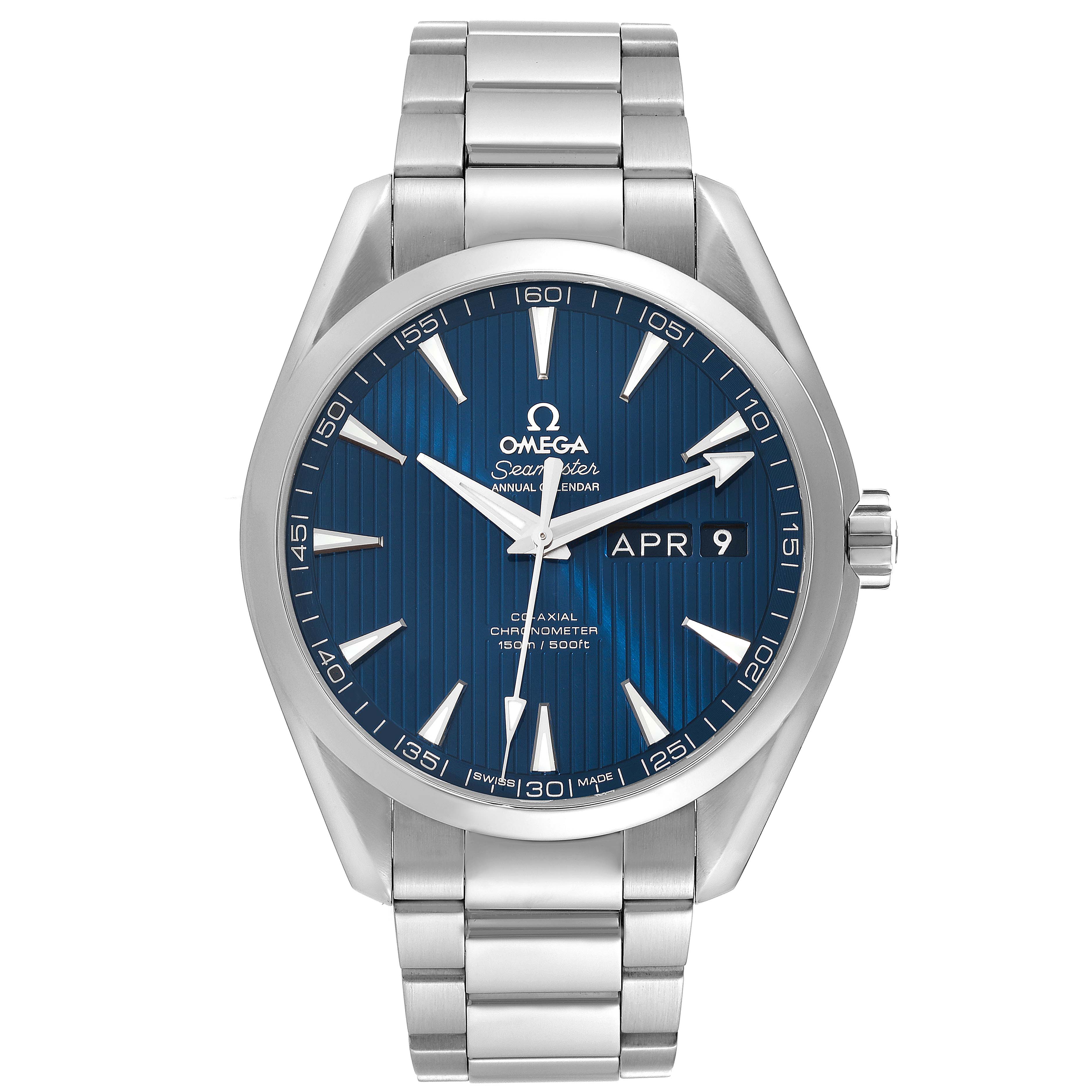 The Omega Aqua Terra 231.10.43.22.03.002 Men
s Stainless Steel Blue Dial 231.10.43.22.03.002 Men
s Stainless Steel Blue Dial watch is shown from the front, displaying its blue dial, stainless steel bracelet, and calendar feature.
