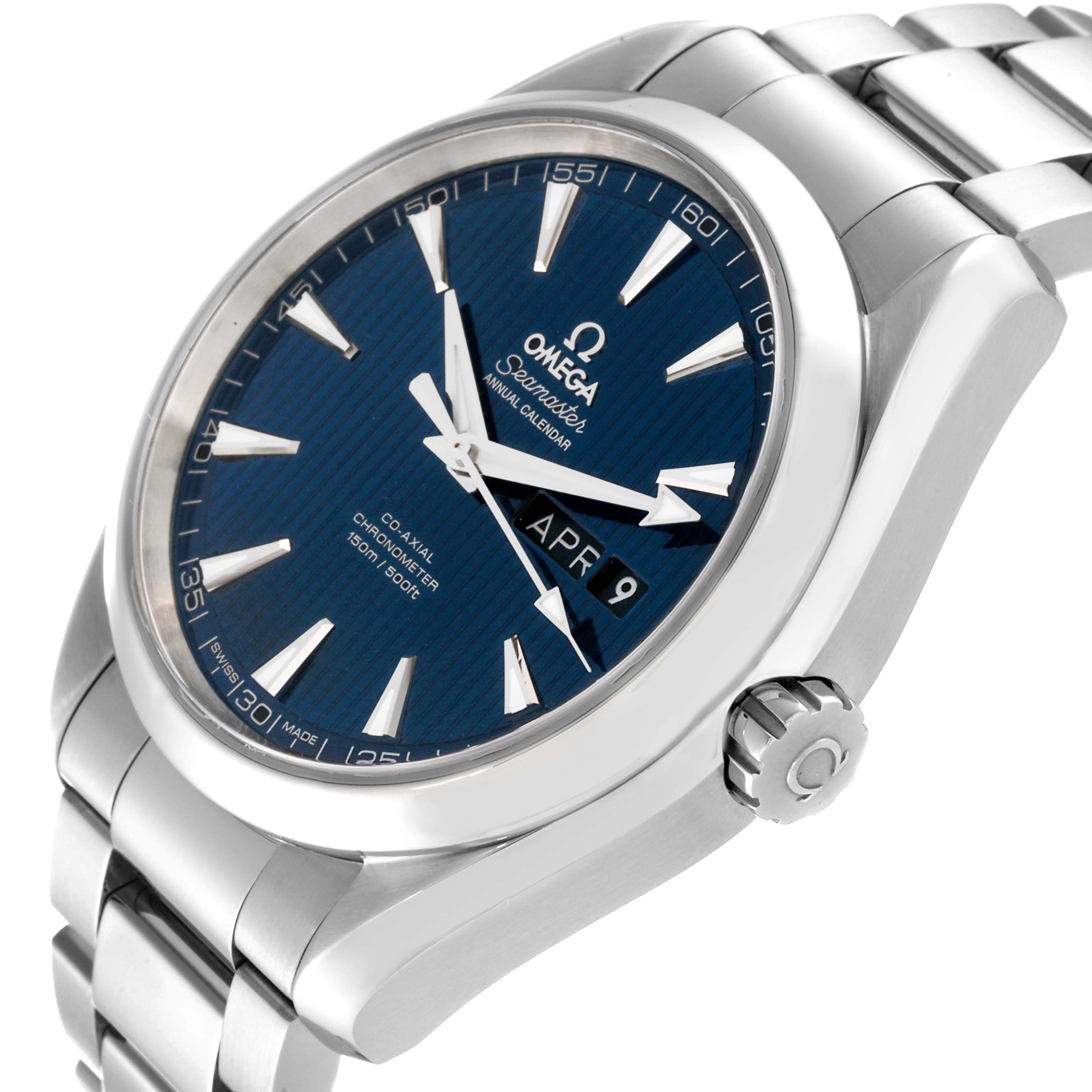 This image shows a side-angle view of the Omega Aqua Terra 231.10.43.22.03.002 Men
s Stainless Steel Blue Dial 231.10.43.22.03.002 Men
s Stainless Steel Blue Dial watch, highlighting the blue dial, date display, and stainless steel bracelet.