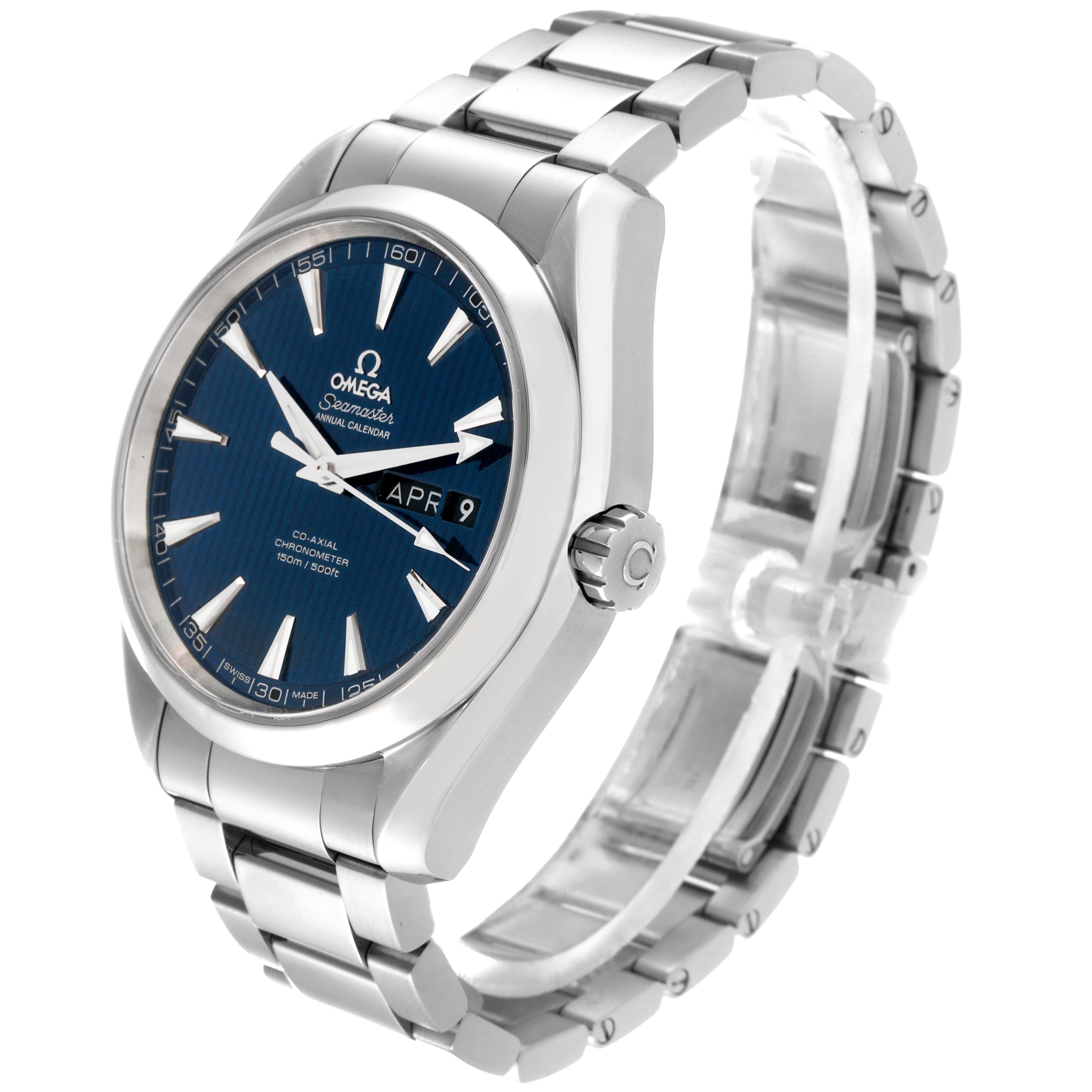 The image shows the Omega Aqua Terra 231.10.43.22.03.002 Men
s Stainless Steel Blue Dial 231.10.43.22.03.002 Men
s Stainless Steel Blue Dial watch at a three-quarter angle, highlighting the face, bezel, crown, and part of the bracelet.