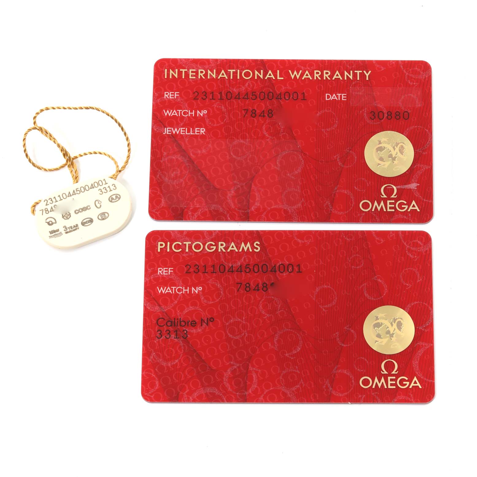 The image shows the international warranty card, pictograms card, and tag for the Omega Aqua Terra 231.10.44.50.04.001 Men's Stainless Steel White Dial 231.10.44.50.04.001 Men's Stainless Steel White Dial model.