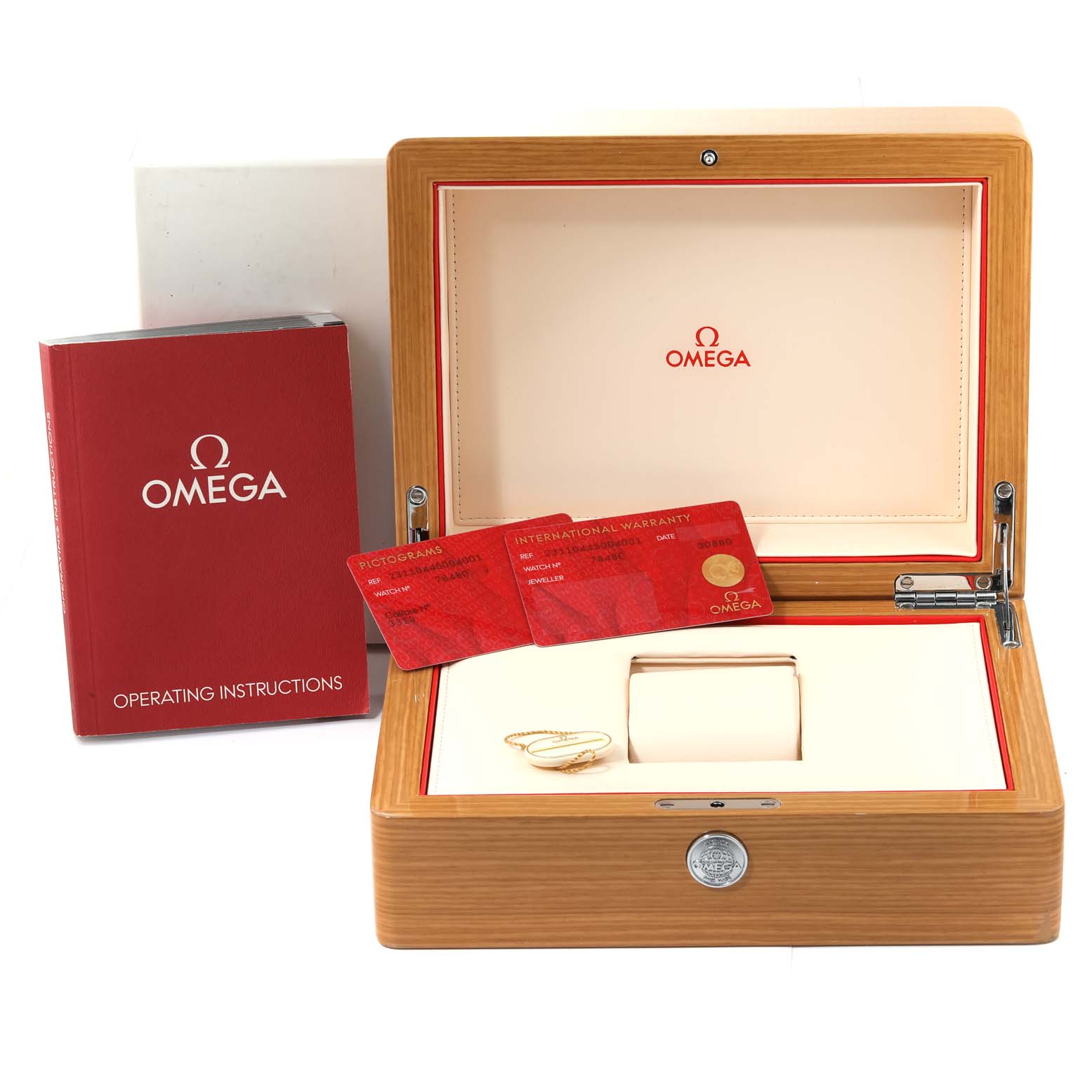 The image shows the Omega Aqua Terra 231.10.44.50.04.001 Men's Stainless Steel White Dial 231.10.44.50.04.001 Men's Stainless Steel White Dial watch box, operating instructions, warranty cards, and extra links from a frontal angle.