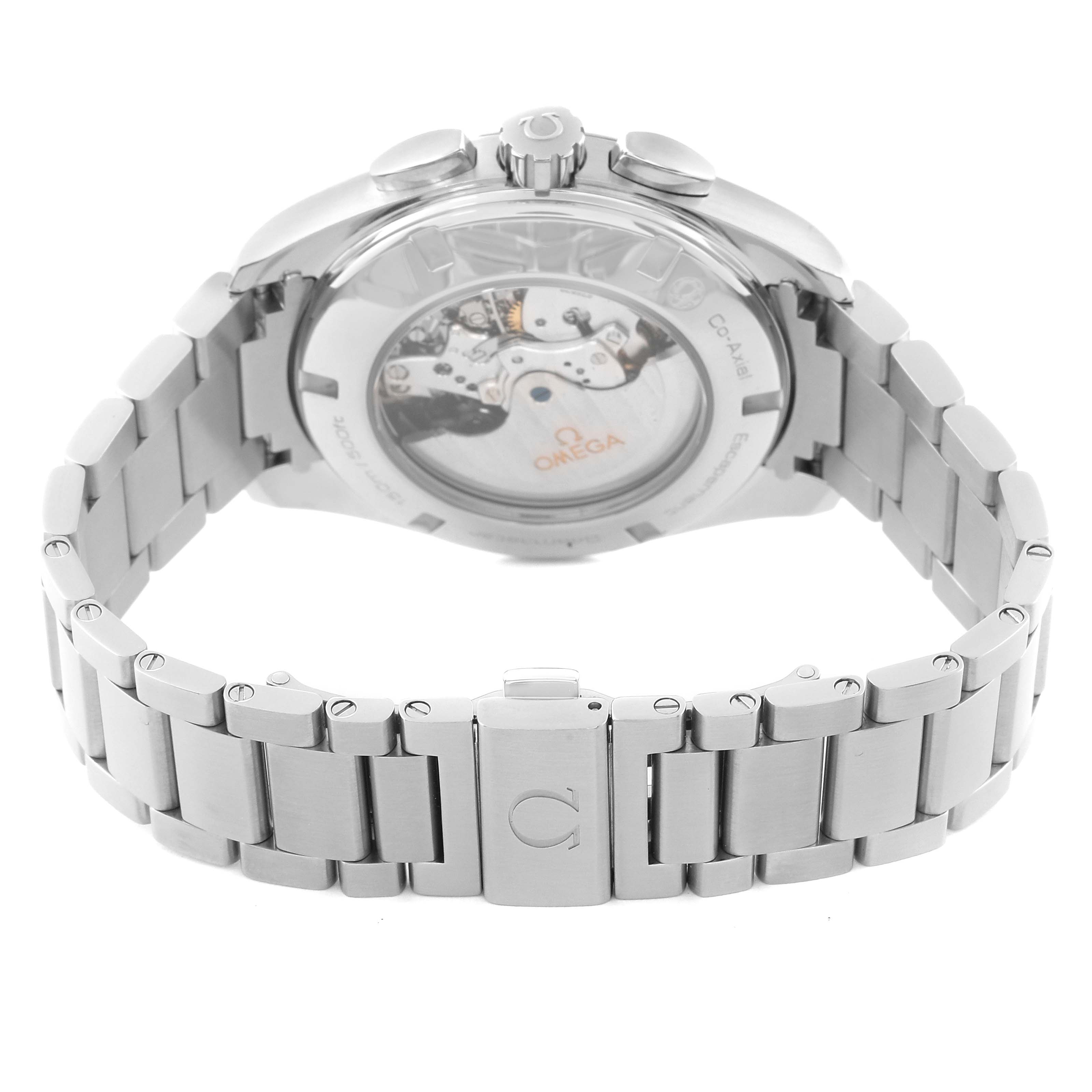 The image shows the back view of an Omega Aqua Terra 231.10.44.50.04.001 Men's Stainless Steel White Dial 231.10.44.50.04.001 Men's Stainless Steel White Dial watch, highlighting its transparent case back and metal bracelet.