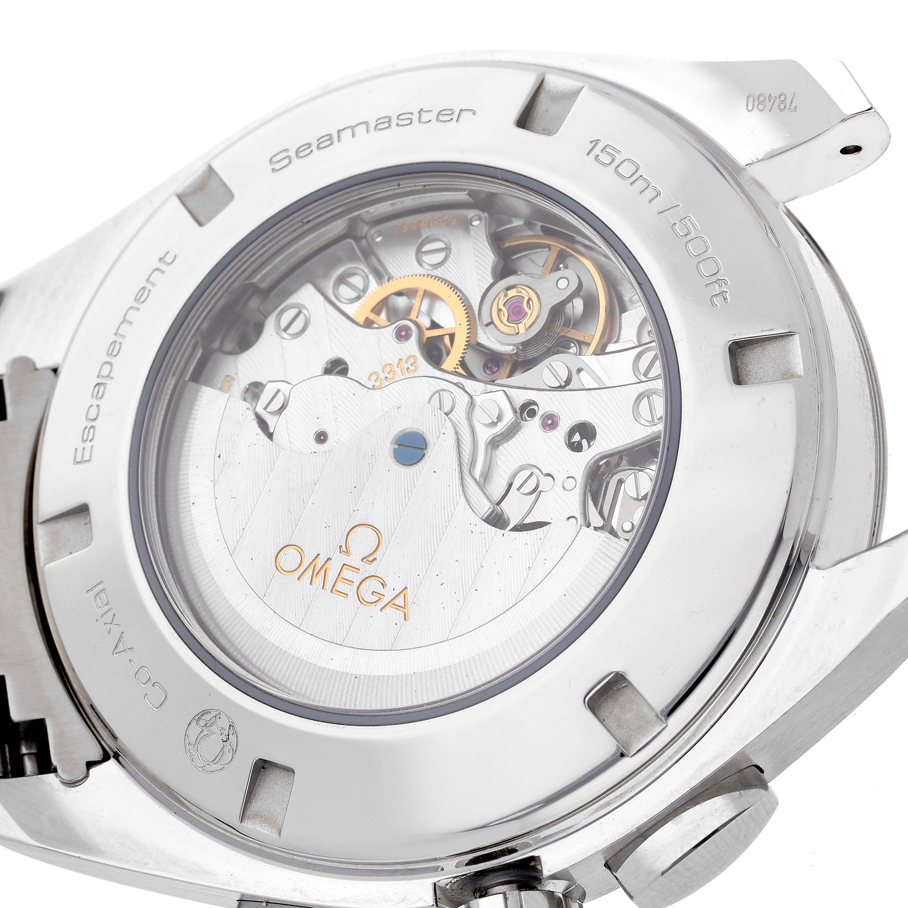 This image shows the back of the Omega Aqua Terra 231.10.44.50.04.001 Men's Stainless Steel White Dial 231.10.44.50.04.001 Men's Stainless Steel White Dial watch, highlighting its inner mechanical movement and transparent case back.