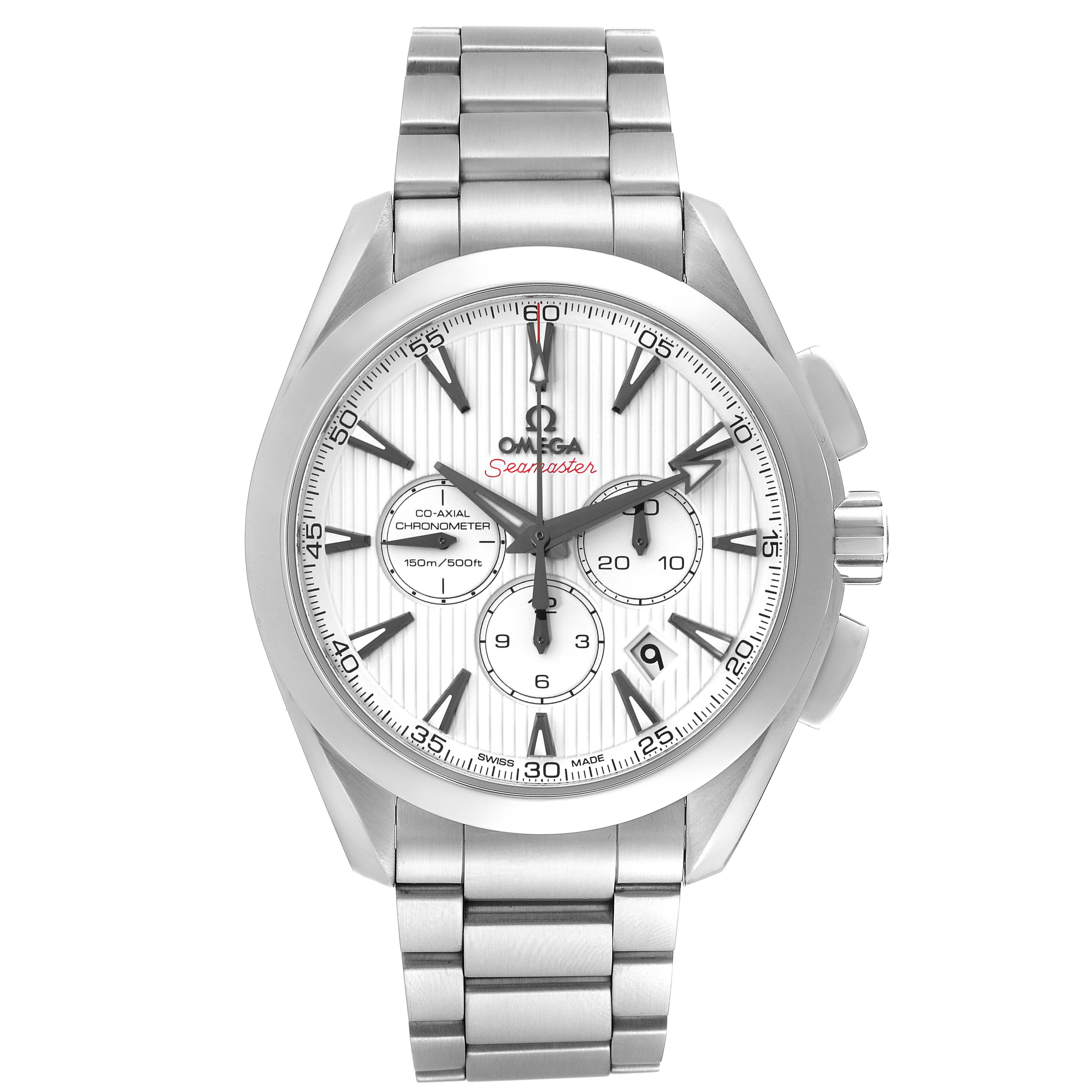 The image shows the front view of the Omega Aqua Terra 231.10.44.50.04.001 Men's Stainless Steel White Dial 231.10.44.50.04.001 Men's Stainless Steel White Dial watch, displaying its face, bezel, and bracelet.