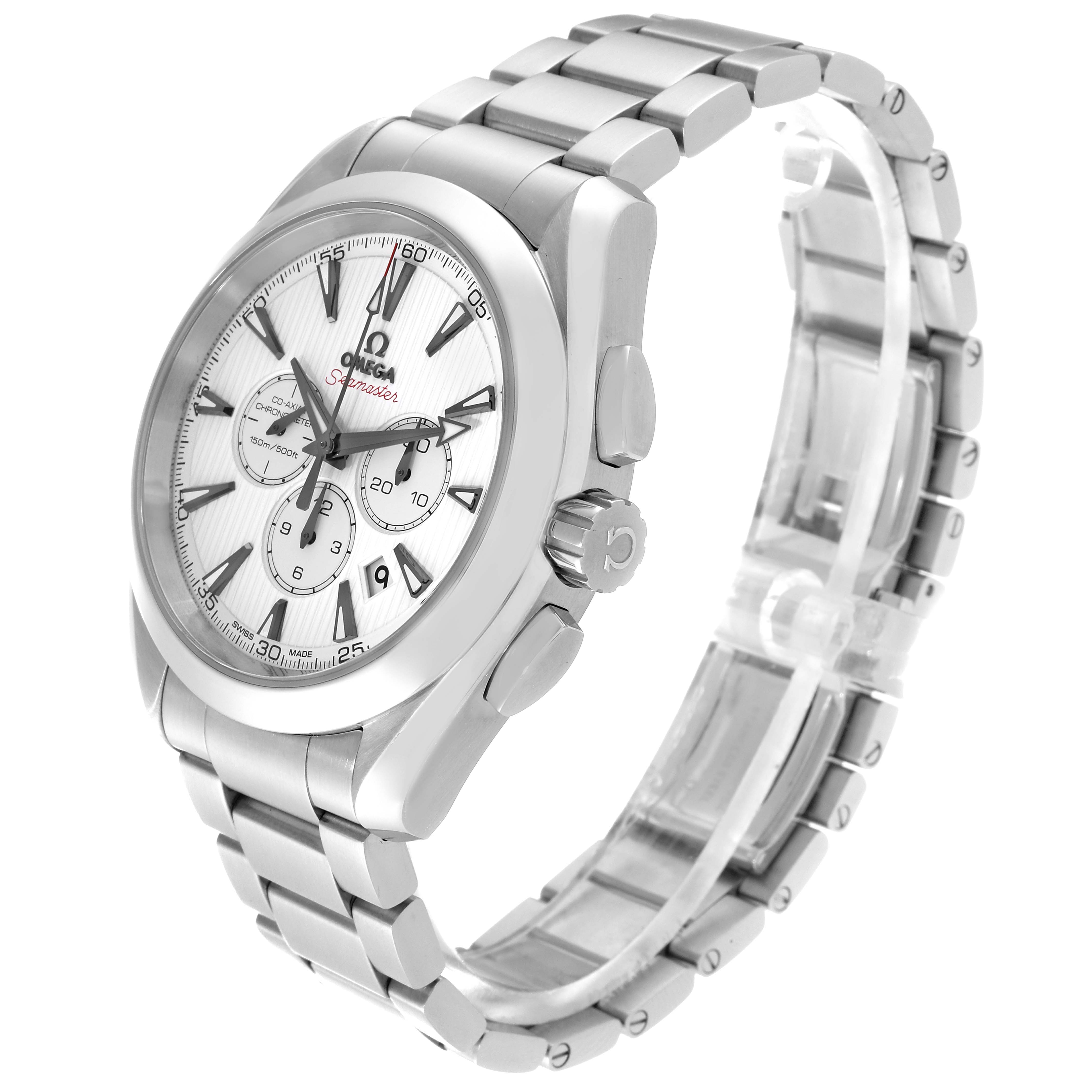 The image shows an Omega Aqua Terra 231.10.44.50.04.001 Men's Stainless Steel White Dial 231.10.44.50.04.001 Men's Stainless Steel White Dial watch angled slightly from the front left, highlighting the face, bracelet, and crown.