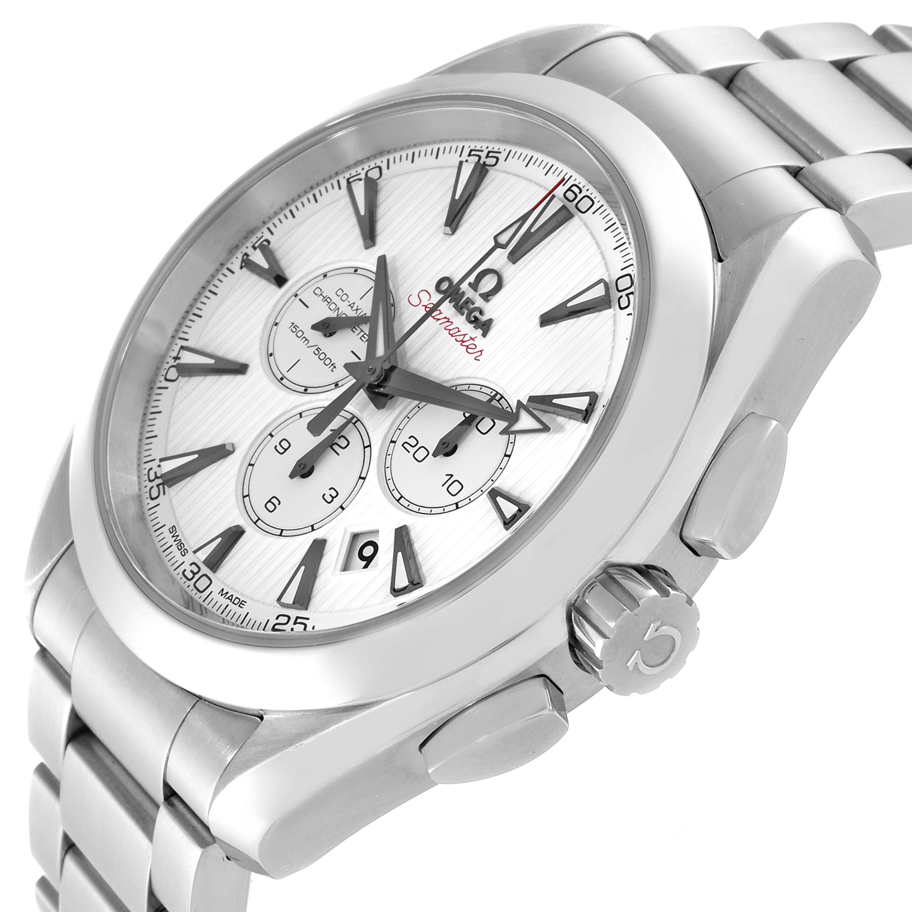 The image shows an Omega Aqua Terra 231.10.44.50.04.001 Men's Stainless Steel White Dial 231.10.44.50.04.001 Men's Stainless Steel White Dial watch at an angle, highlighting its dial, bezel, bracelet, and crown.