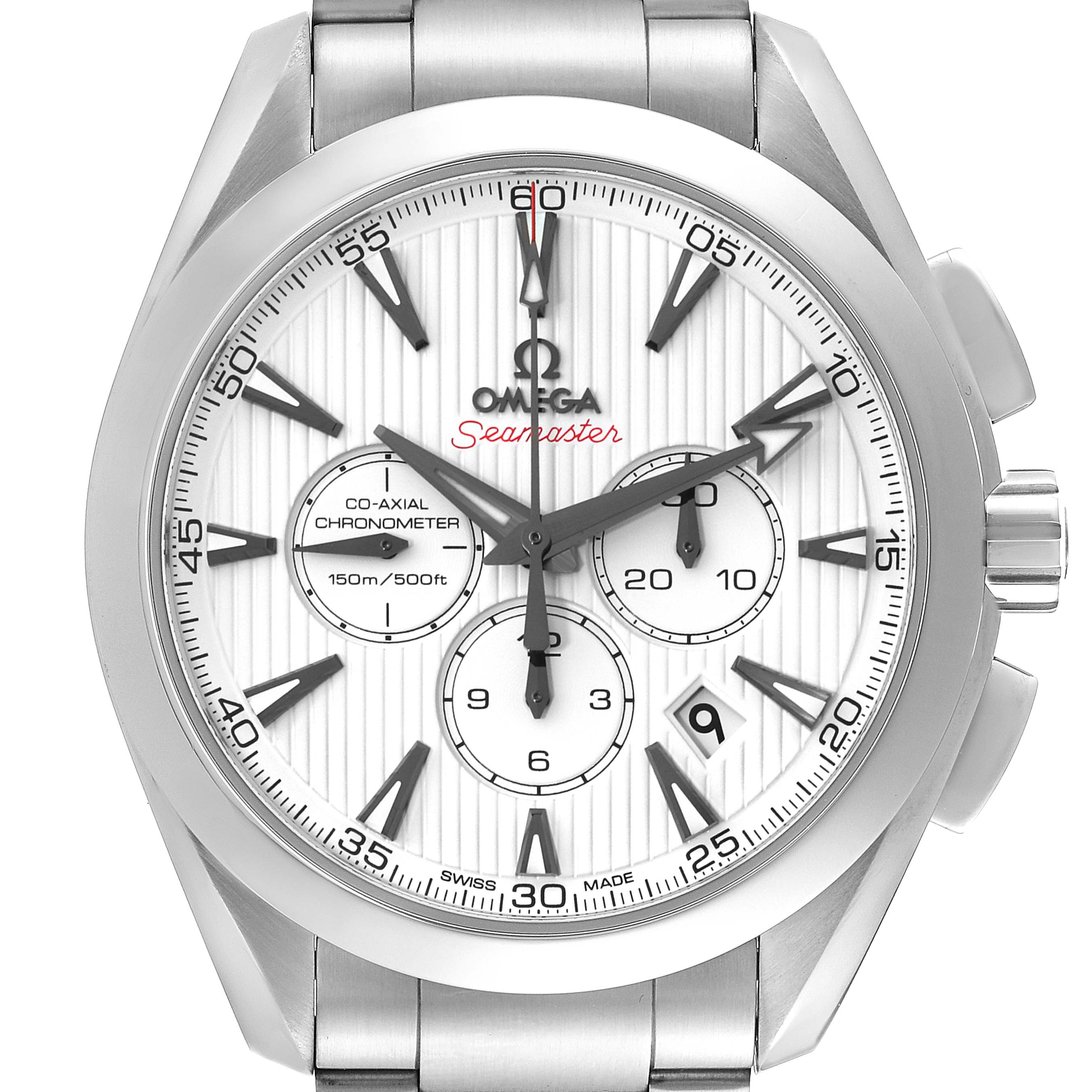 The Omega Aqua Terra 231.10.44.50.04.001 Men's Stainless Steel White Dial 231.10.44.50.04.001 Men's Stainless Steel White Dial watch is shown from a front angle, displaying its face, bezel, and metal bracelet.