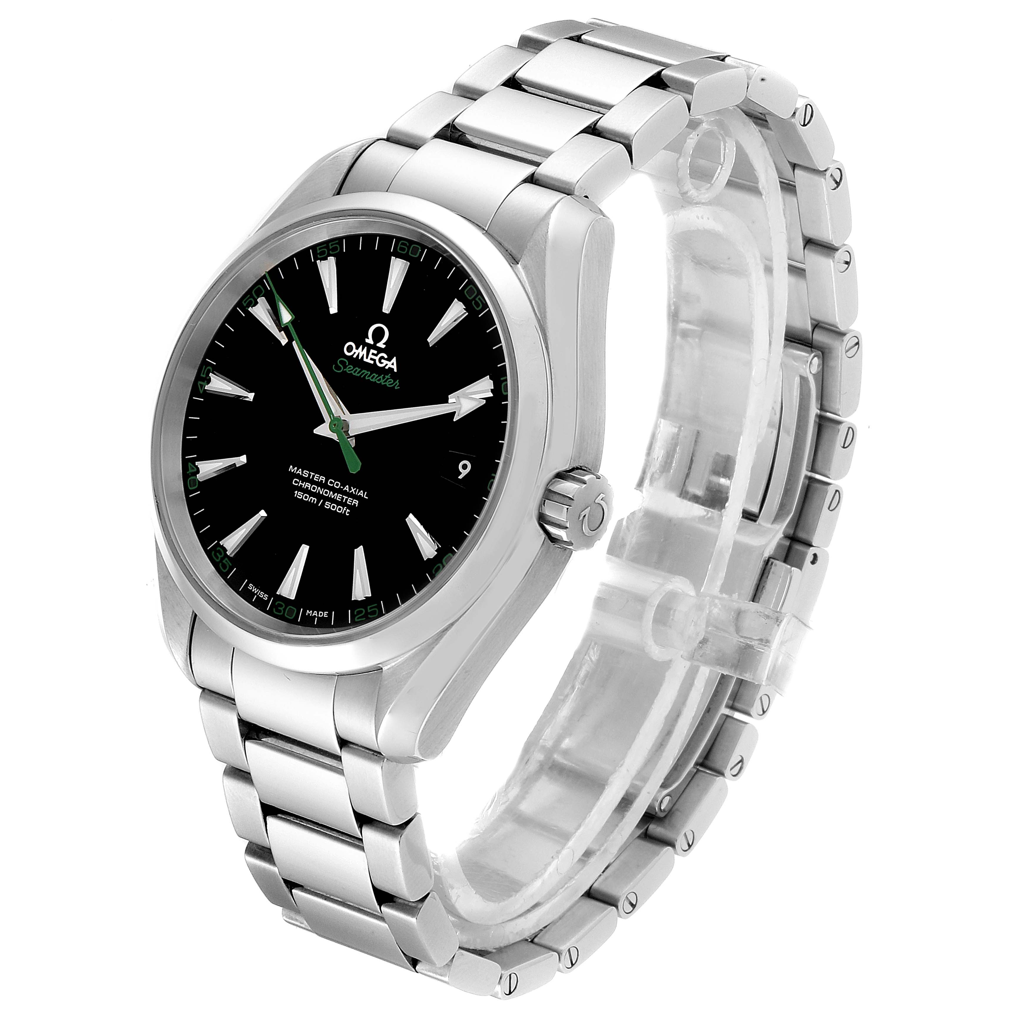 This Omega Aqua Terra 231.10.42.21.01.004 Men's Stainless Steel Black Dial 231.10.42.21.01.004 Men's Stainless Steel Black Dial watch is angled to show the face, crown, and stainless steel bracelet.