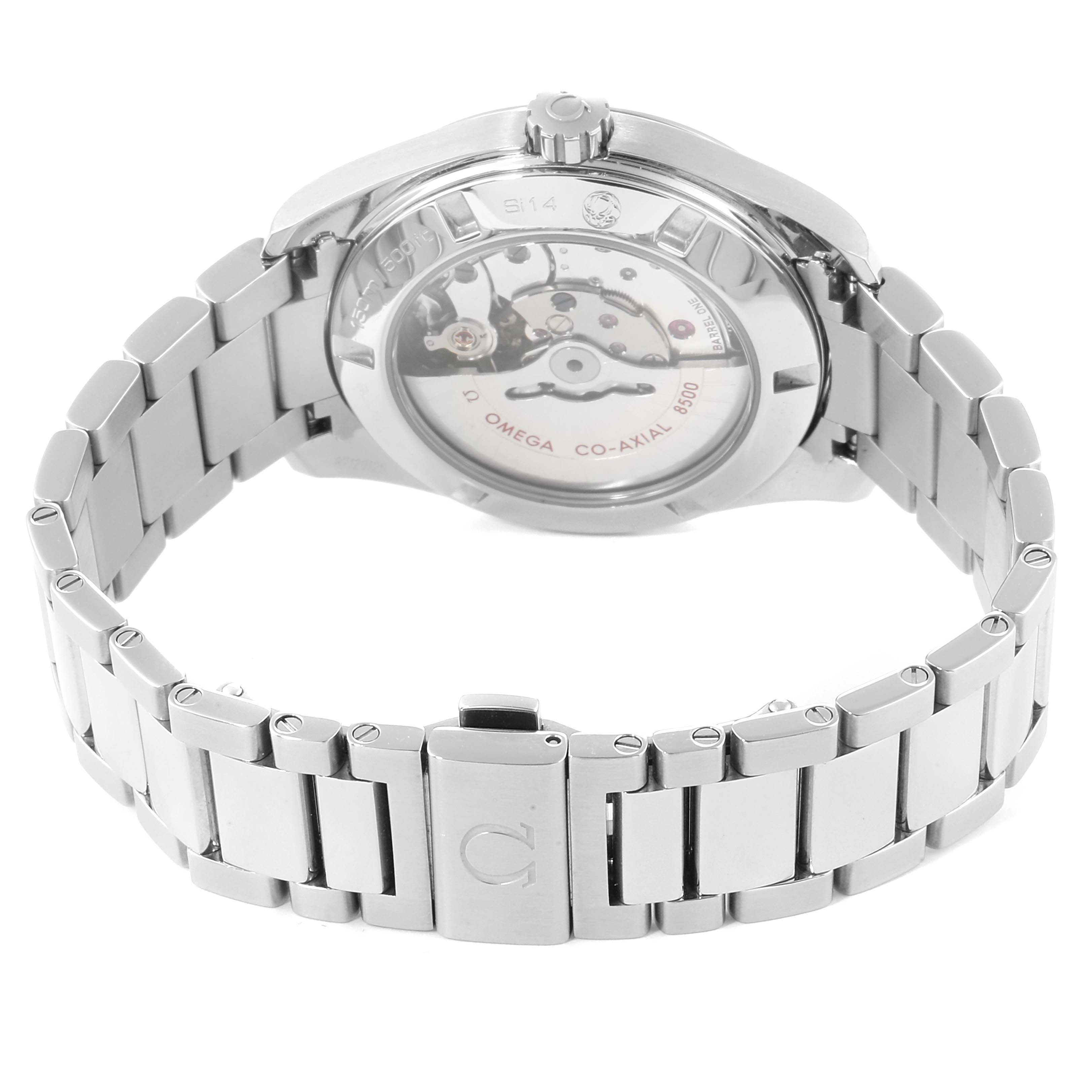 This image shows the Omega Aqua Terra 231.10.42.21.01.004 Men's Stainless Steel Black Dial 231.10.42.21.01.004 Men's Stainless Steel Black Dial watch from the back, highlighting its see-through case back and metal bracelet.