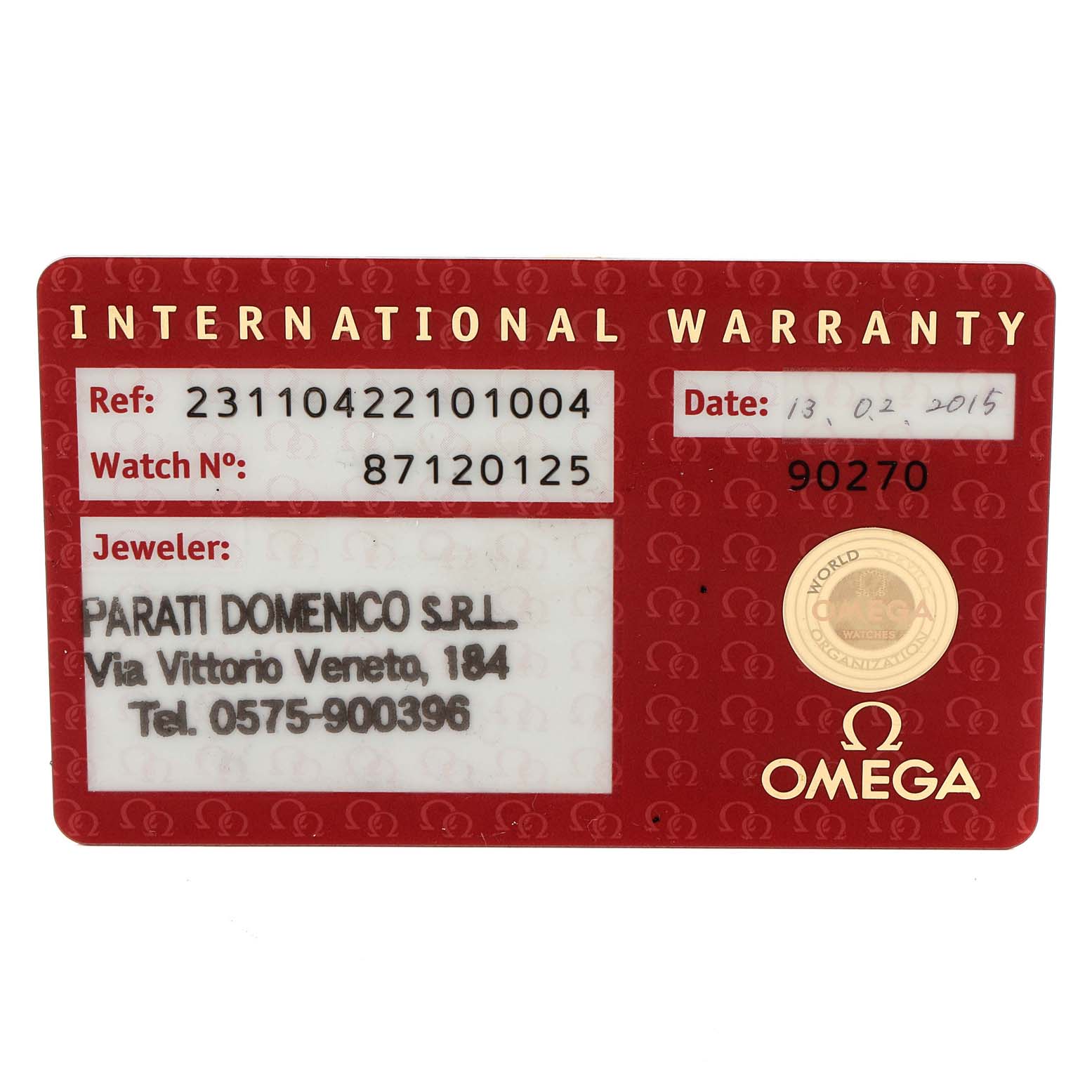 This is an International Warranty card for the Omega Aqua Terra 231.10.42.21.01.004 Men's Stainless Steel Black Dial 231.10.42.21.01.004 Men's Stainless Steel Black Dial watch model.
