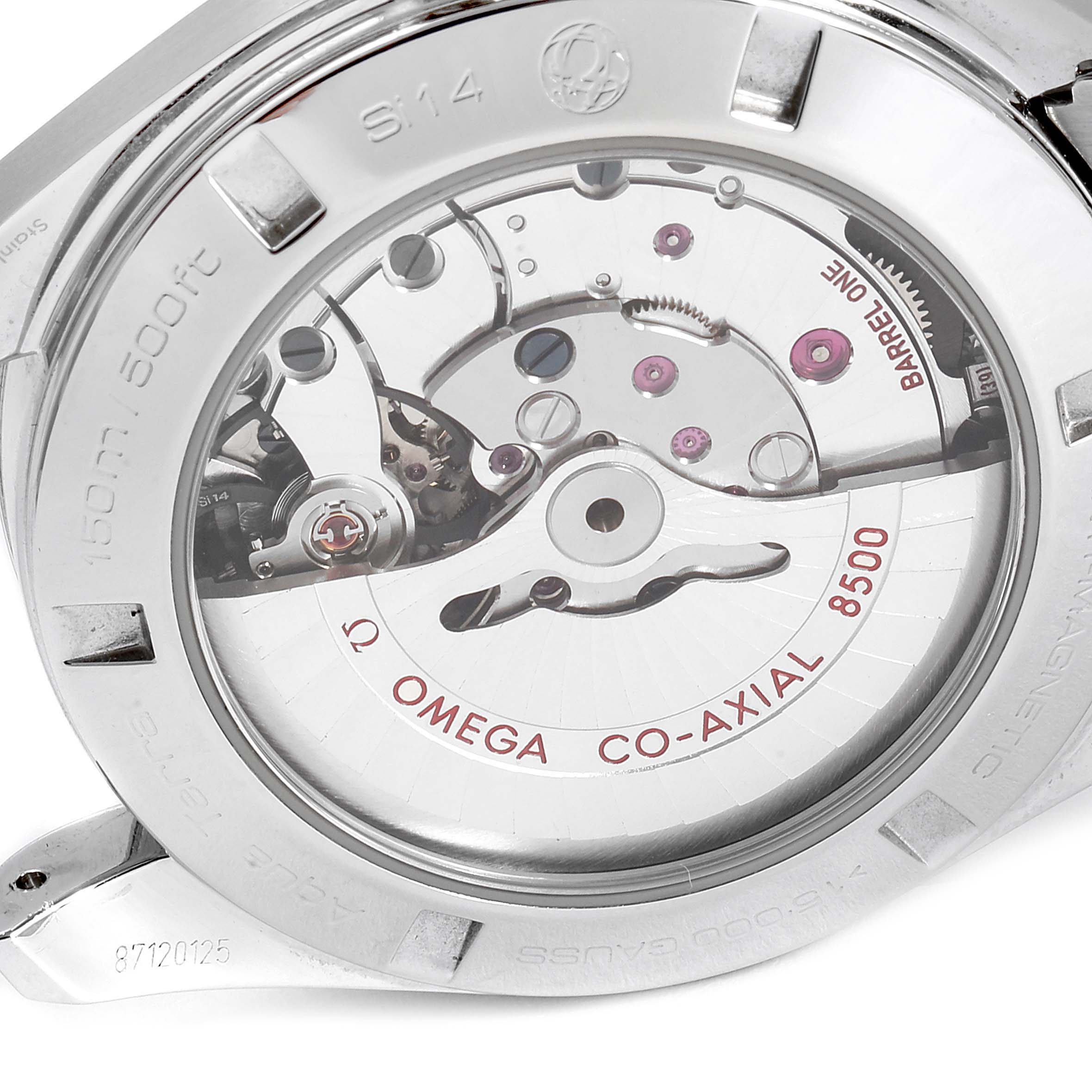 The image shows the back of the Omega Aqua Terra 231.10.42.21.01.004 Men's Stainless Steel Black Dial 231.10.42.21.01.004 Men's Stainless Steel Black Dial watch, highlighting its Co-Axial 8500 movement mechanism.