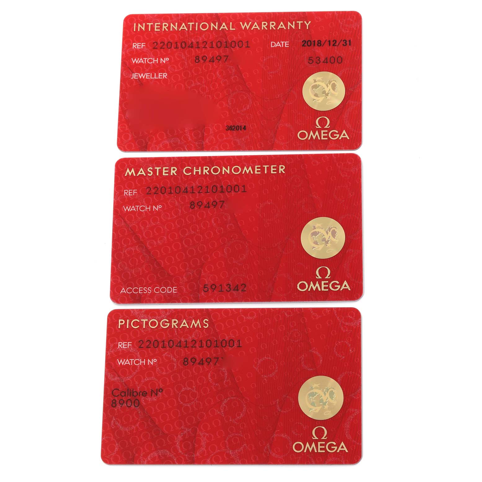 The image shows three red warranty and certification cards for the Omega Aqua Terra 220.10.41.21.01.001 Men's Stainless Steel Black Dial 220.10.41.21.01.001 Men's Stainless Steel Black Dial model, including international warranty, master chronometer, and pictograms.