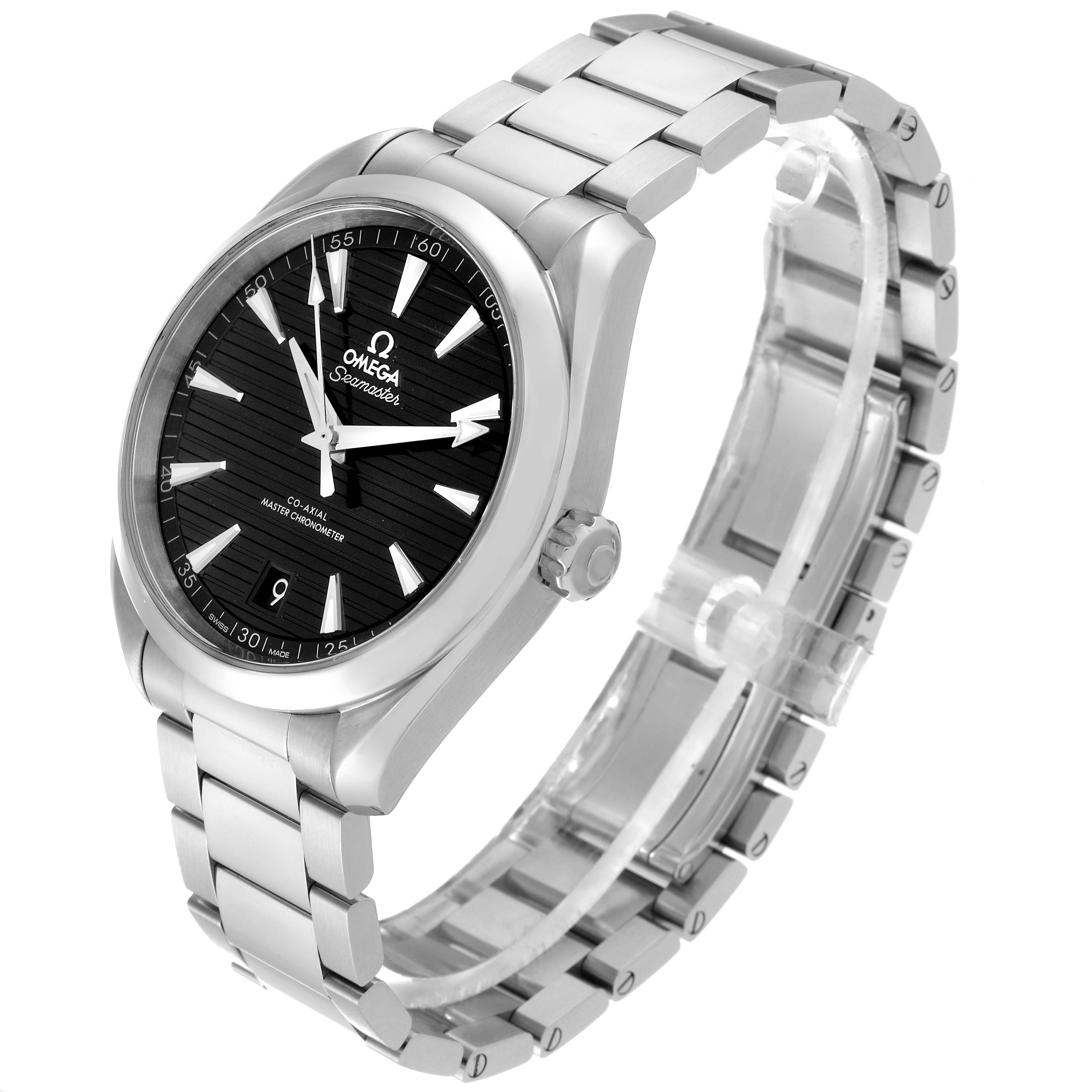 The image shows a three-quarter view of the Omega Aqua Terra 220.10.41.21.01.001 Men's Stainless Steel Black Dial 220.10.41.21.01.001 Men's Stainless Steel Black Dial watch, highlighting the black dial, markers, case, crown, and bracelet.