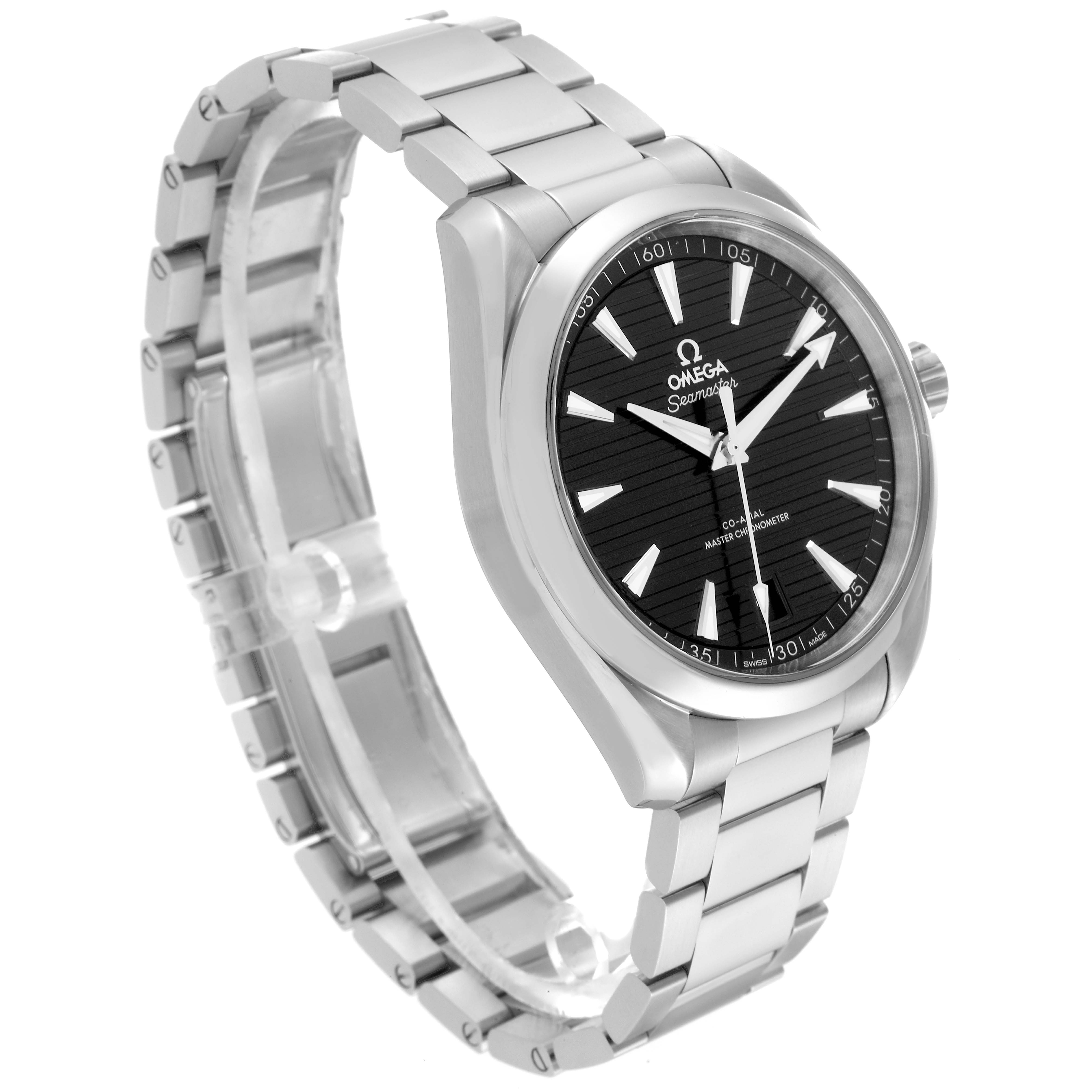 The image shows an angled side view of an Omega Aqua Terra 220.10.41.21.01.001 Men's Stainless Steel Black Dial 220.10.41.21.01.001 Men's Stainless Steel Black Dial model watch displaying its face and stainless steel bracelet.