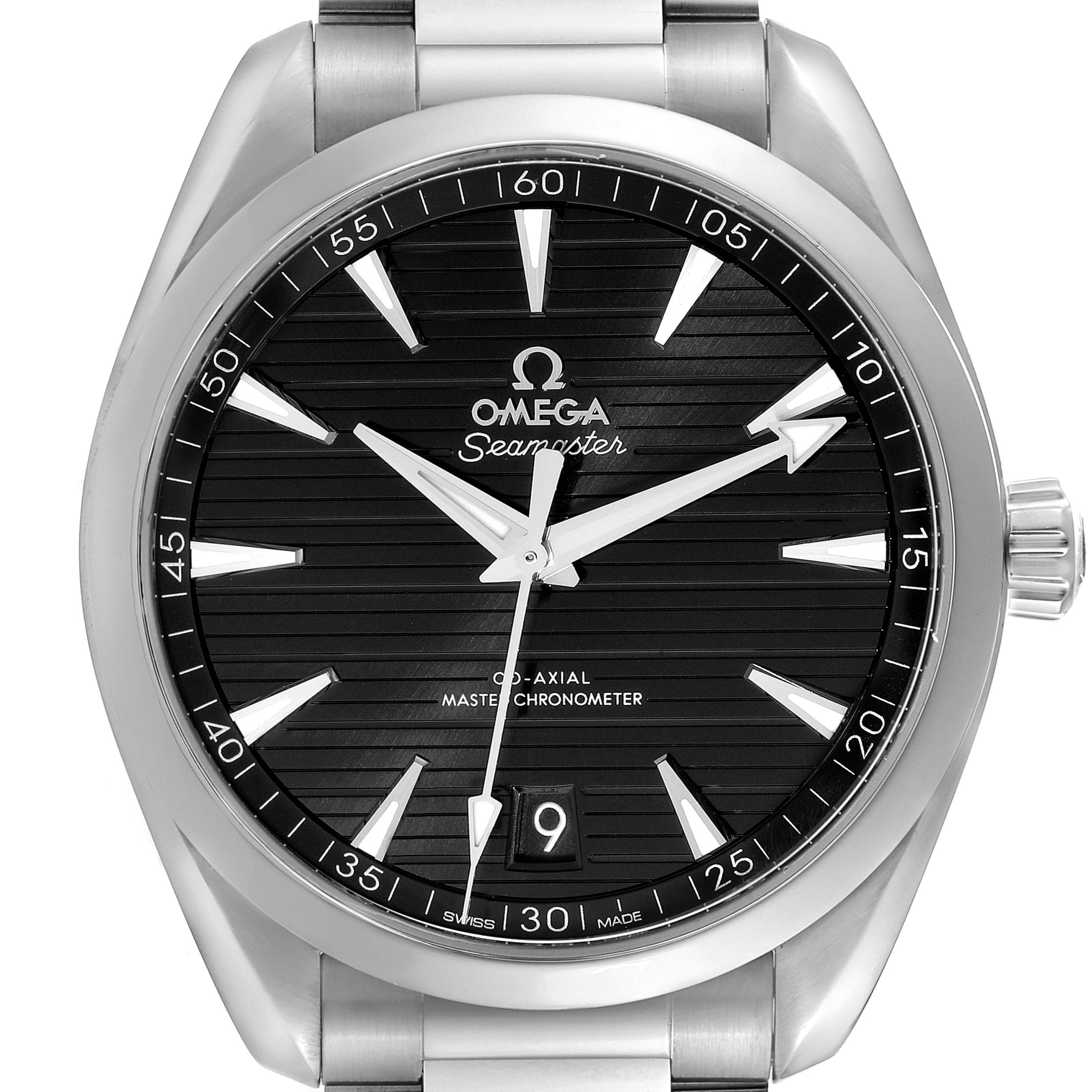 This image shows a front view of the Omega Aqua Terra 220.10.41.21.01.001 Men's Stainless Steel Black Dial 220.10.41.21.01.001 Men's Stainless Steel Black Dial Seamaster watch, highlighting the dial, hands, and crown.