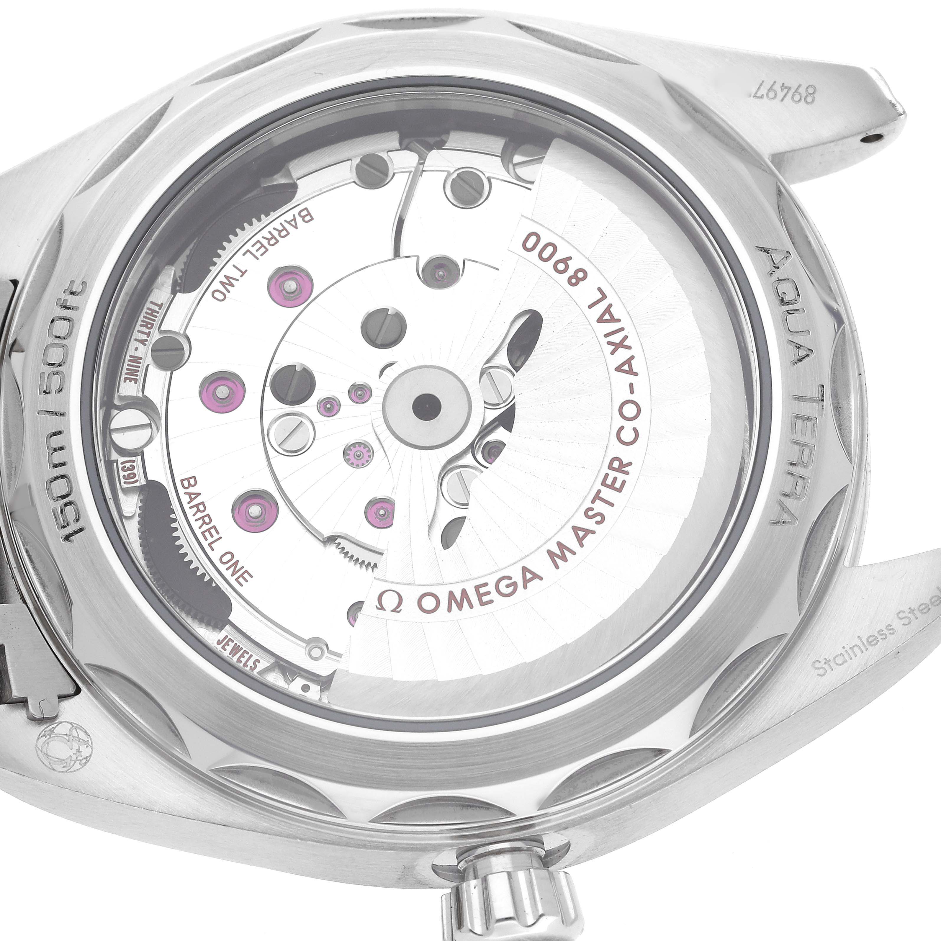 The image shows the back view of the Omega Aqua Terra 220.10.41.21.01.001 Men's Stainless Steel Black Dial 220.10.41.21.01.001 Men's Stainless Steel Black Dial watch with its movement and branding details visible.