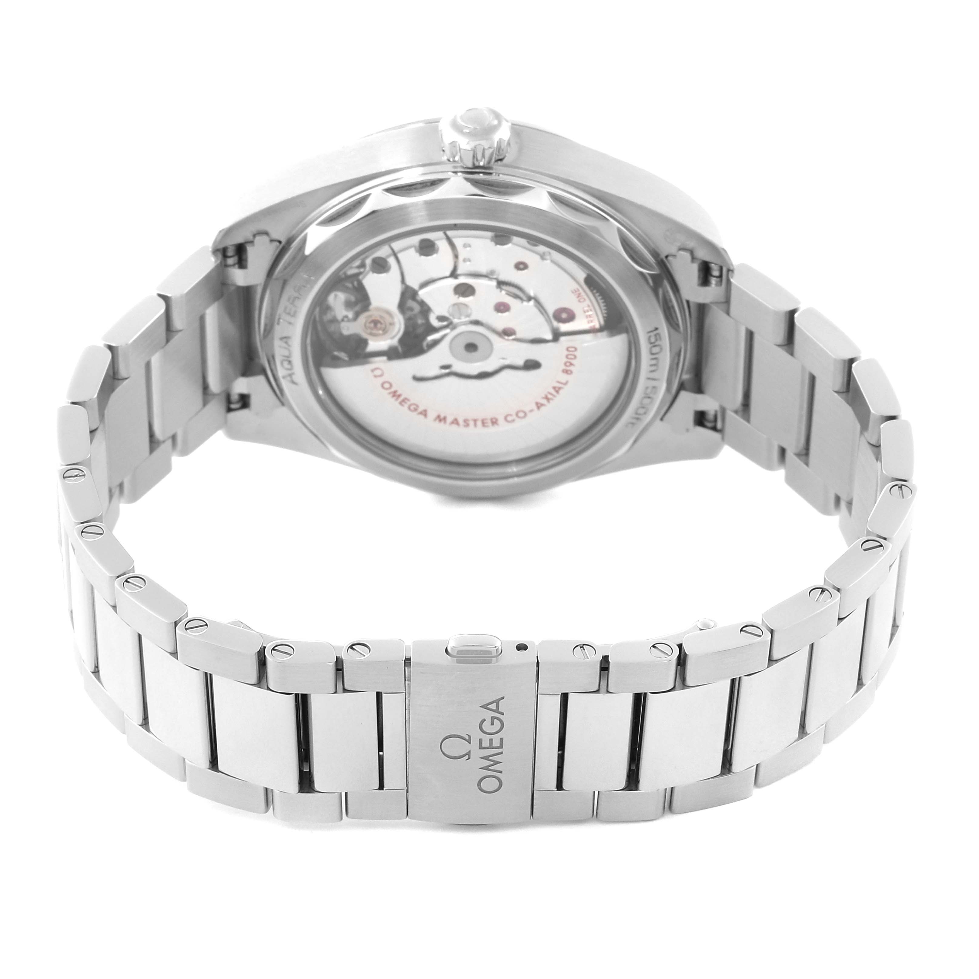 This image shows the back view of the Omega Aqua Terra 220.10.41.21.01.001 Men's Stainless Steel Black Dial 220.10.41.21.01.001 Men's Stainless Steel Black Dial watch, highlighting its case back and metal bracelet.