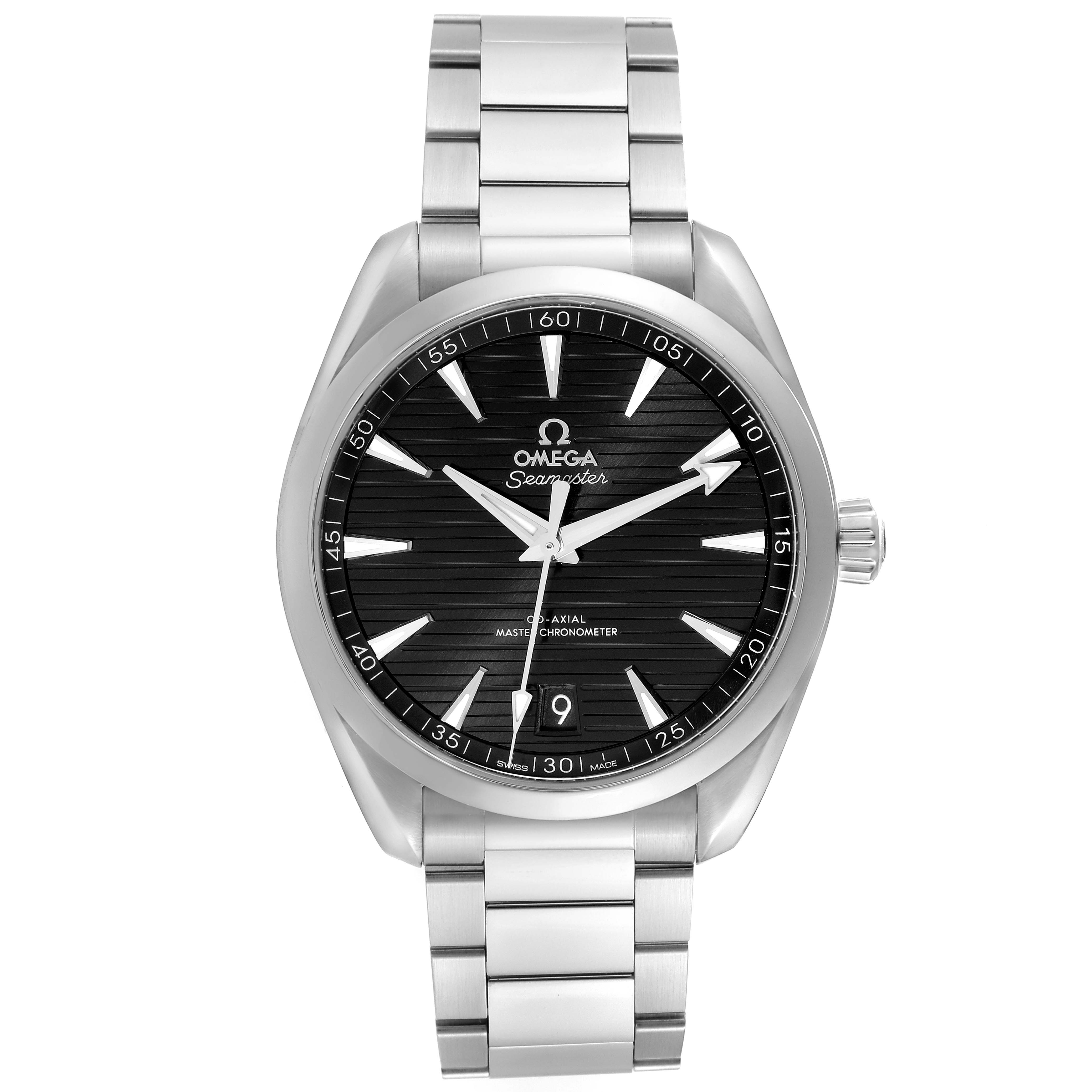 This image showcases the Omega Aqua Terra 220.10.41.21.01.001 Men's Stainless Steel Black Dial 220.10.41.21.01.001 Men's Stainless Steel Black Dial watch from a front angle, displaying its black dial and stainless steel bracelet.