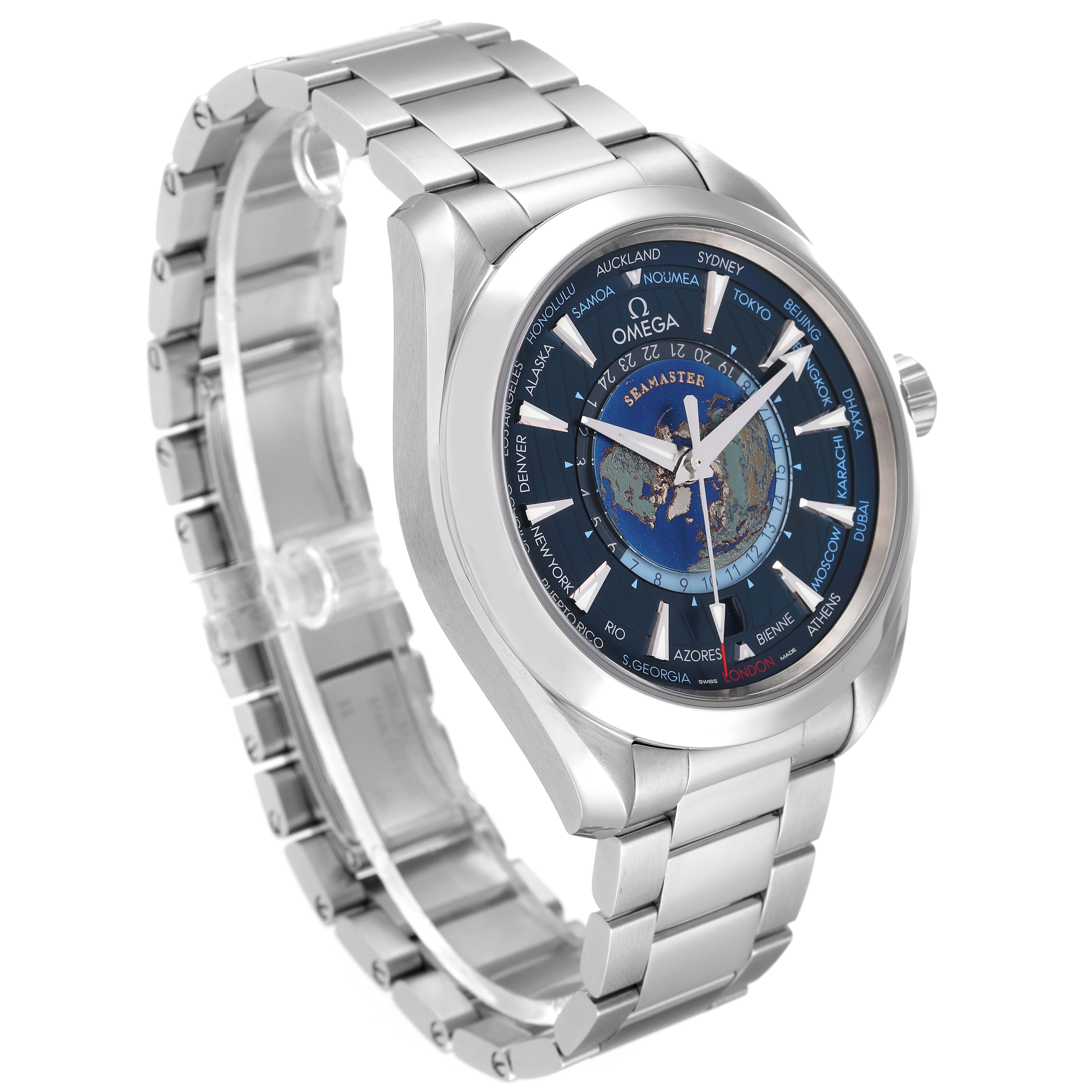 The image shows the Omega Aqua Terra 220.10.43.22.03.001 Men's Stainless Steel Blue Dial 220.10.43.22.03.001 Men's Stainless Steel Blue Dial watch from an oblique angle highlighting the face and bracelet.