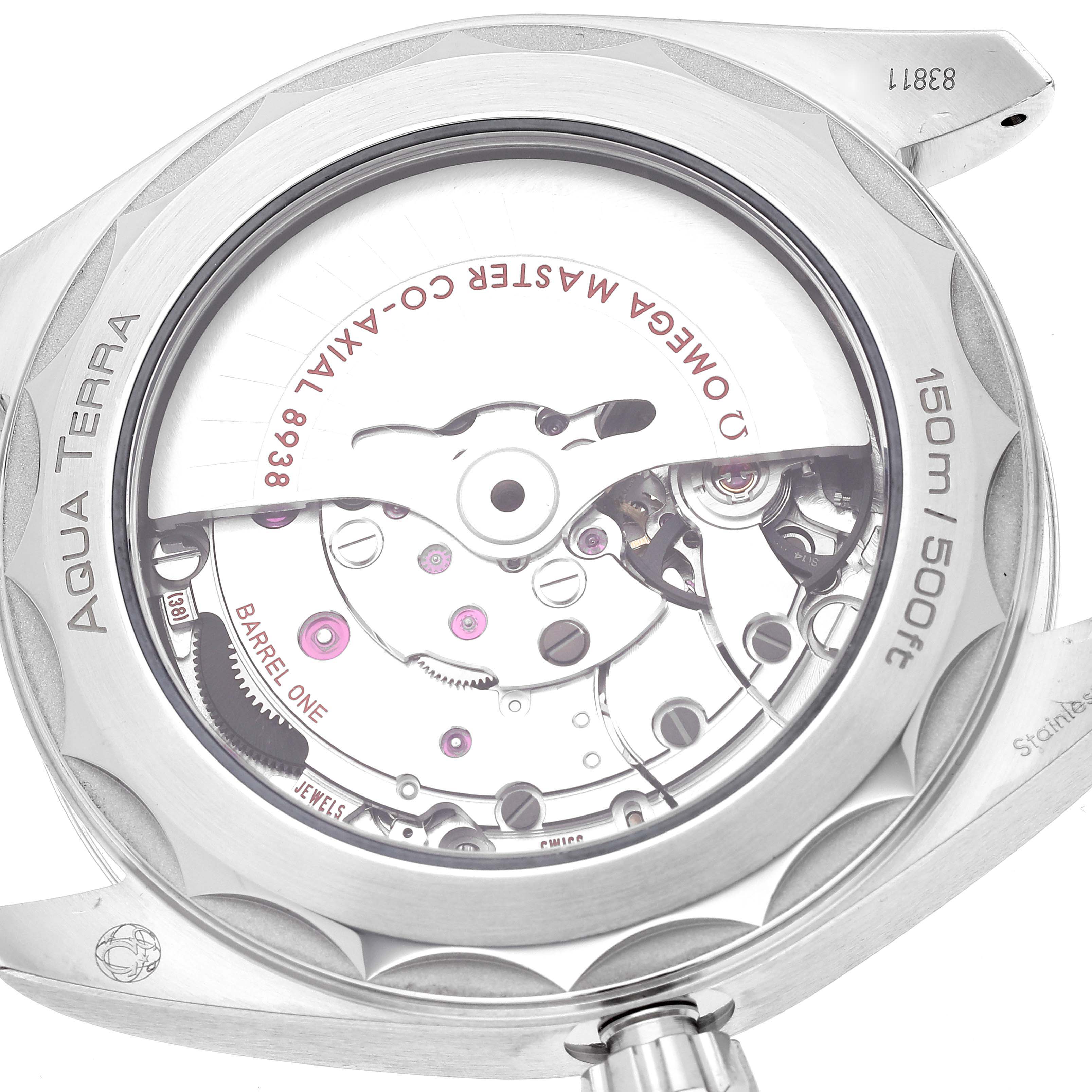 This image shows the back view of the Omega Aqua Terra 220.10.43.22.03.001 Men's Stainless Steel Blue Dial 220.10.43.22.03.001 Men's Stainless Steel Blue Dial watch, highlighting its internal mechanical movement.