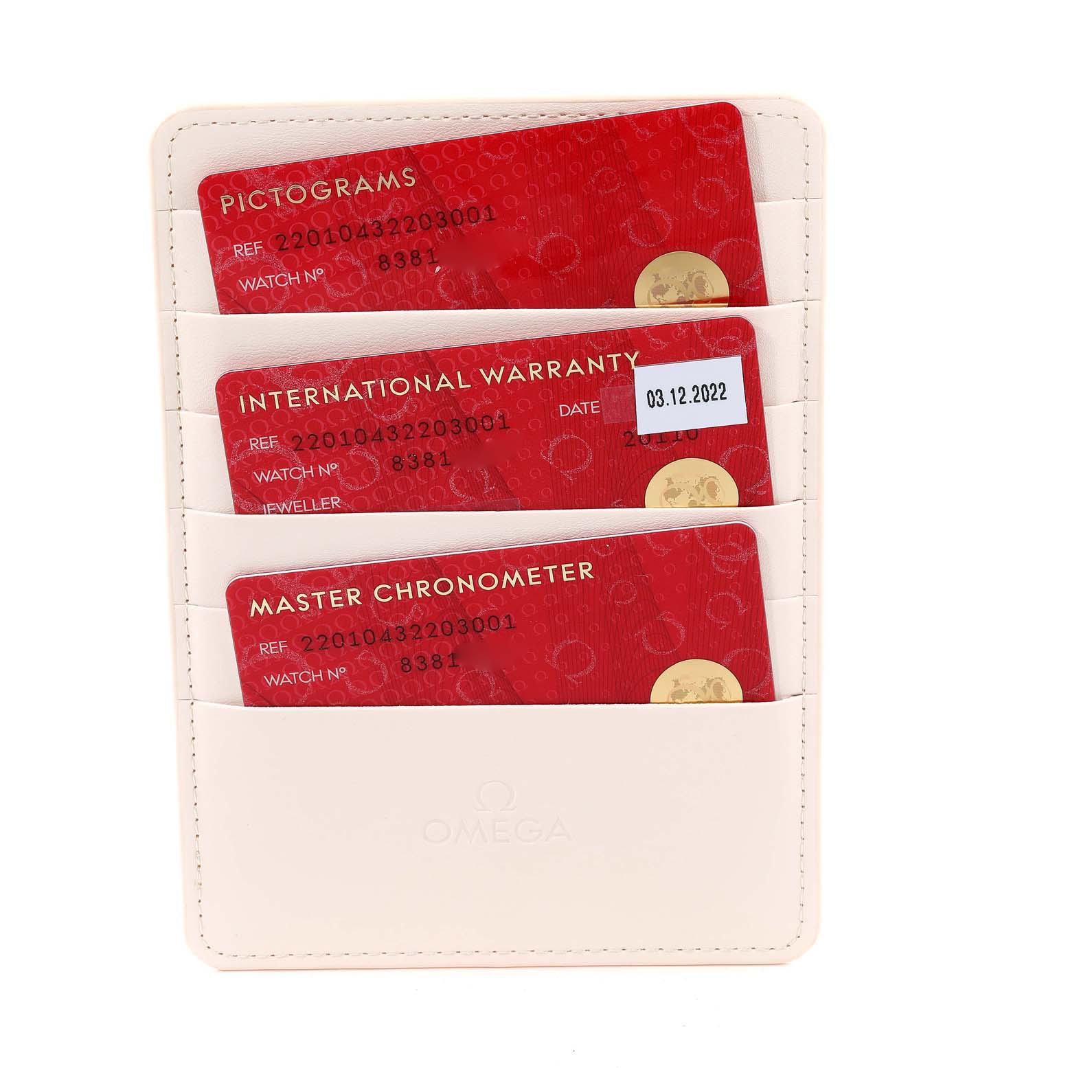 The image shows the warranty and certification cards for an Omega Aqua Terra 220.10.43.22.03.001 Men's Stainless Steel Blue Dial 220.10.43.22.03.001 Men's Stainless Steel Blue Dial watch.