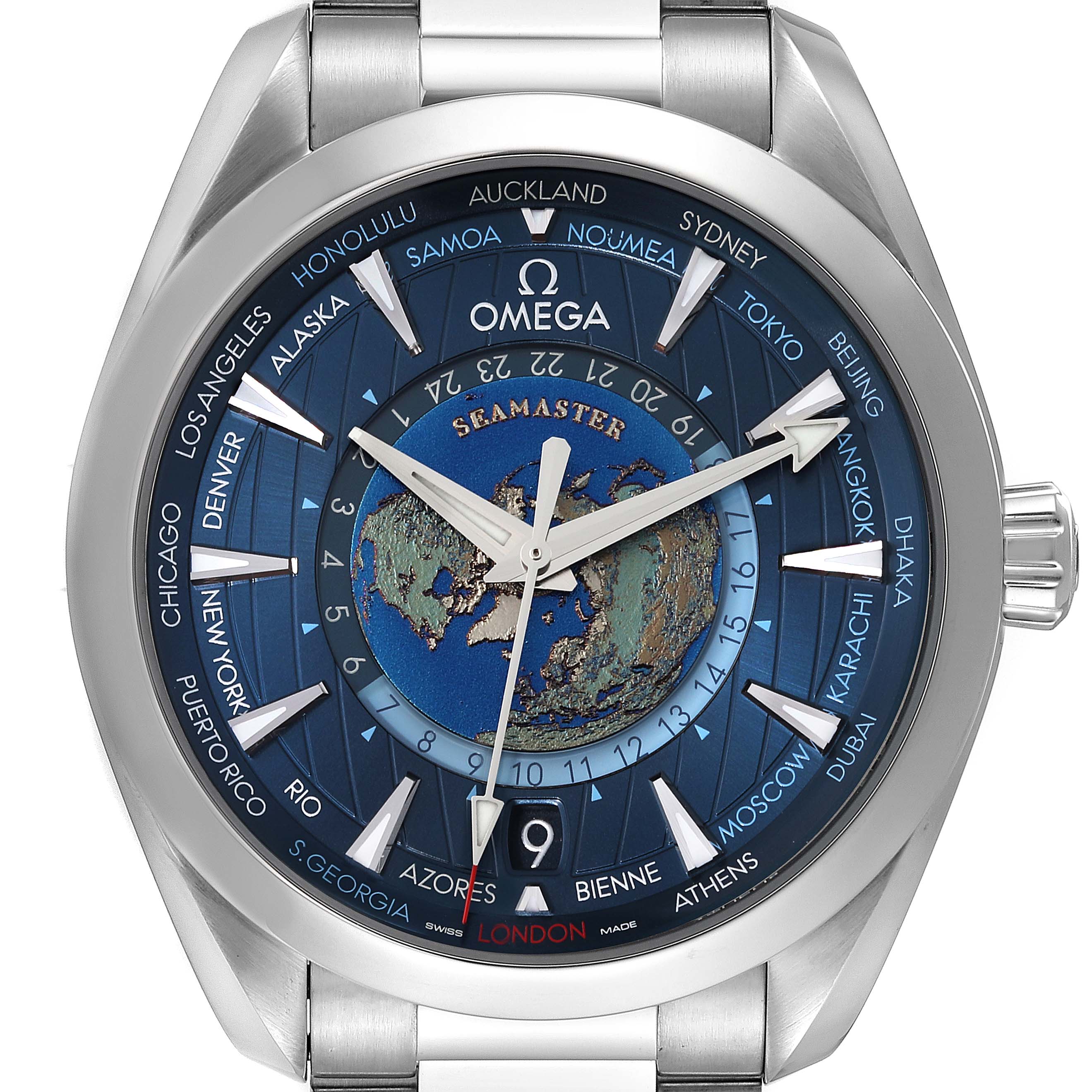 The image shows a front view of the Omega Seamaster Aqua Terra Worldtimer watch, highlighting the dial and part of the stainless steel bracelet.