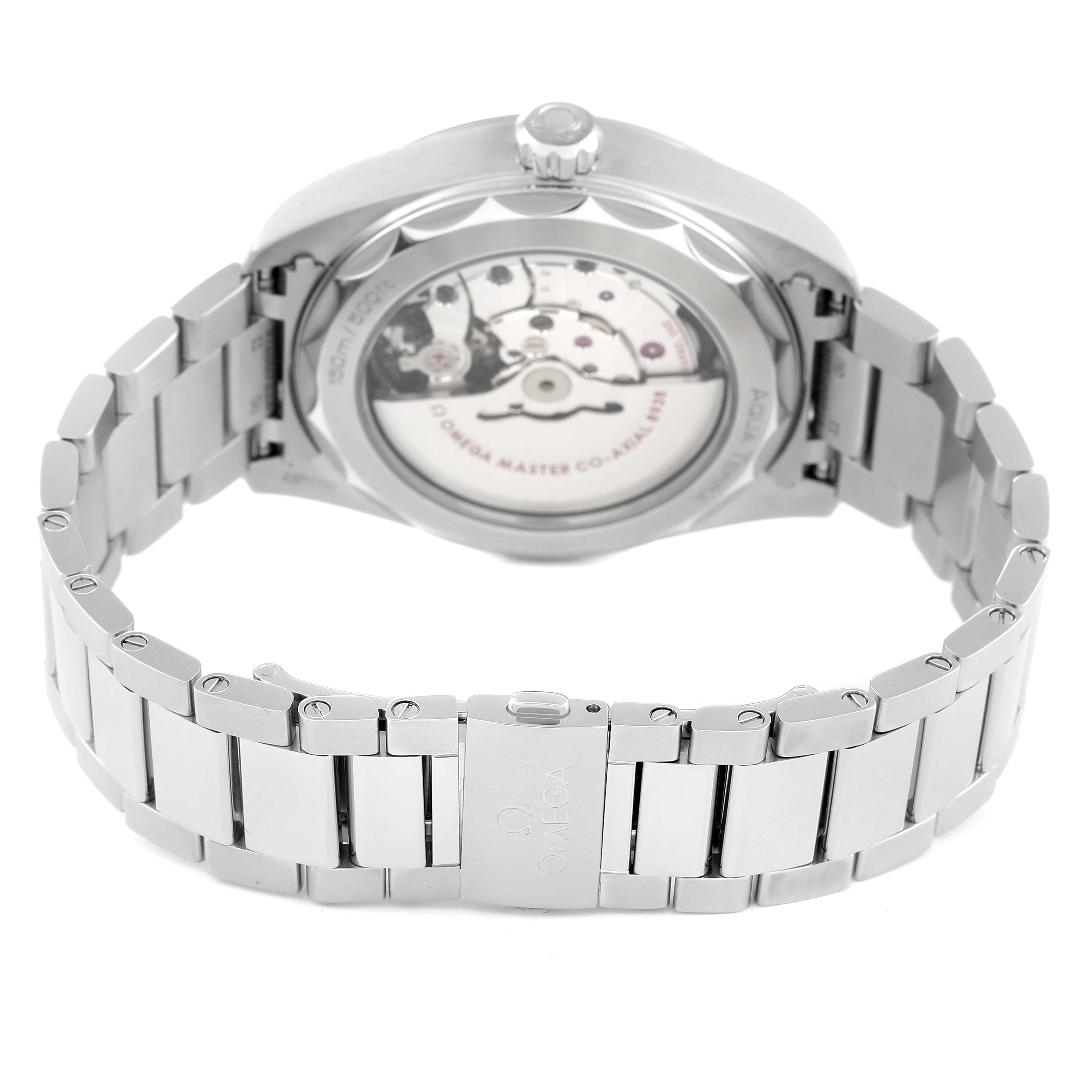 The image shows the back view of the Omega Aqua Terra 220.10.43.22.03.001 Men's Stainless Steel Blue Dial 220.10.43.22.03.001 Men's Stainless Steel Blue Dial watch, displaying the movement and bracelet.