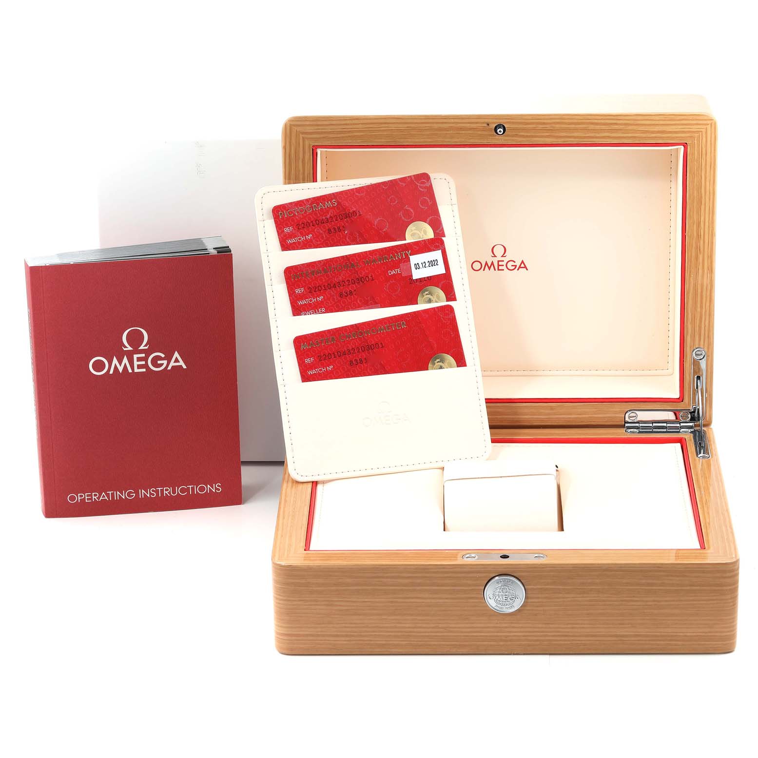 The image shows the open box, operating instructions, and cards for the Omega Aqua Terra 220.10.43.22.03.001 Men's Stainless Steel Blue Dial 220.10.43.22.03.001 Men's Stainless Steel Blue Dial watch.