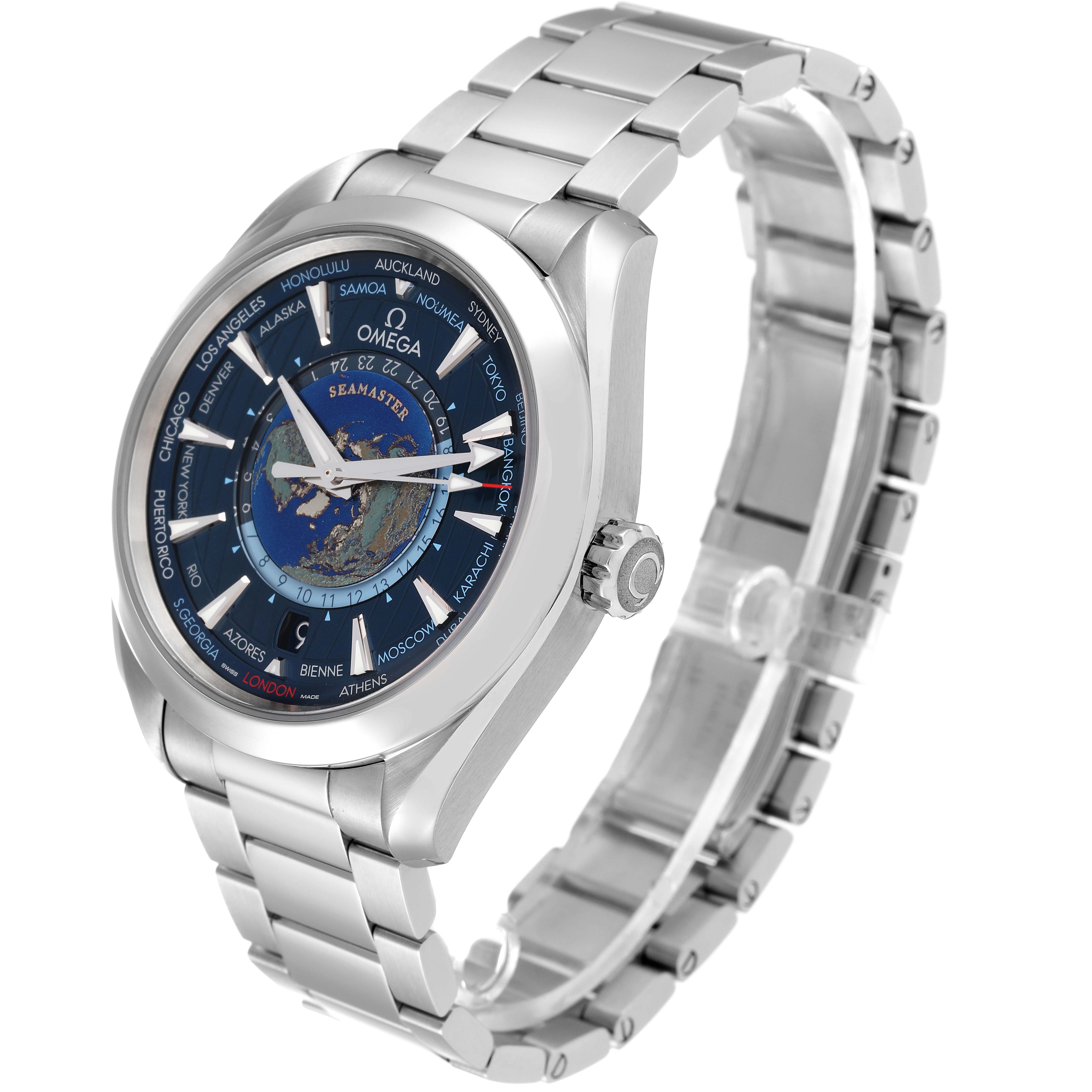 The Omega Aqua Terra 220.10.43.22.03.001 Men's Stainless Steel Blue Dial 220.10.43.22.03.001 Men's Stainless Steel Blue Dial watch is shown at an angle highlighting the face, crown, and metal bracelet.