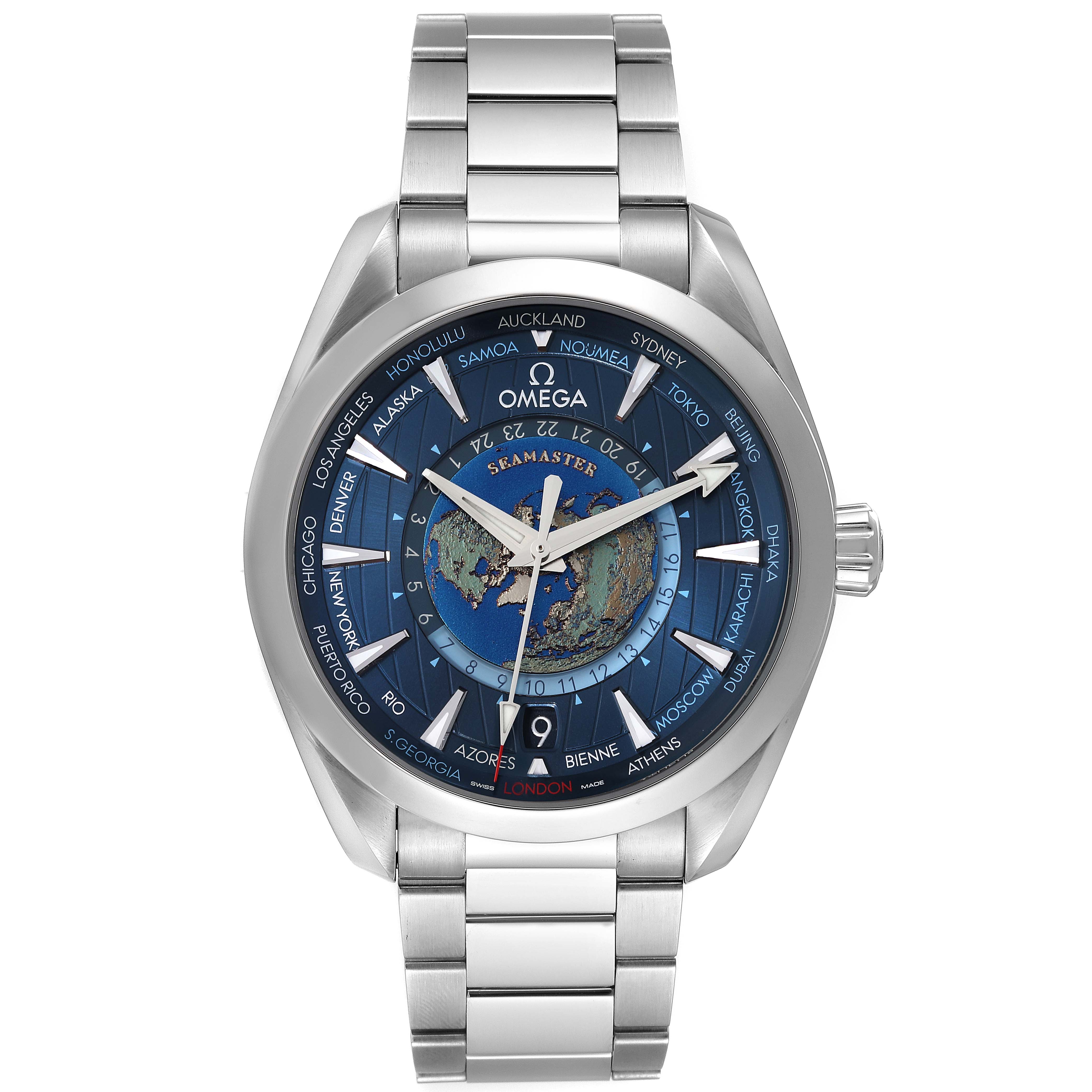 The image shows a front view of an Omega Aqua Terra 220.10.43.22.03.001 Men's Stainless Steel Blue Dial 220.10.43.22.03.001 Men's Stainless Steel Blue Dial Seamaster with a stainless steel bracelet, globe dial, and world time zones.