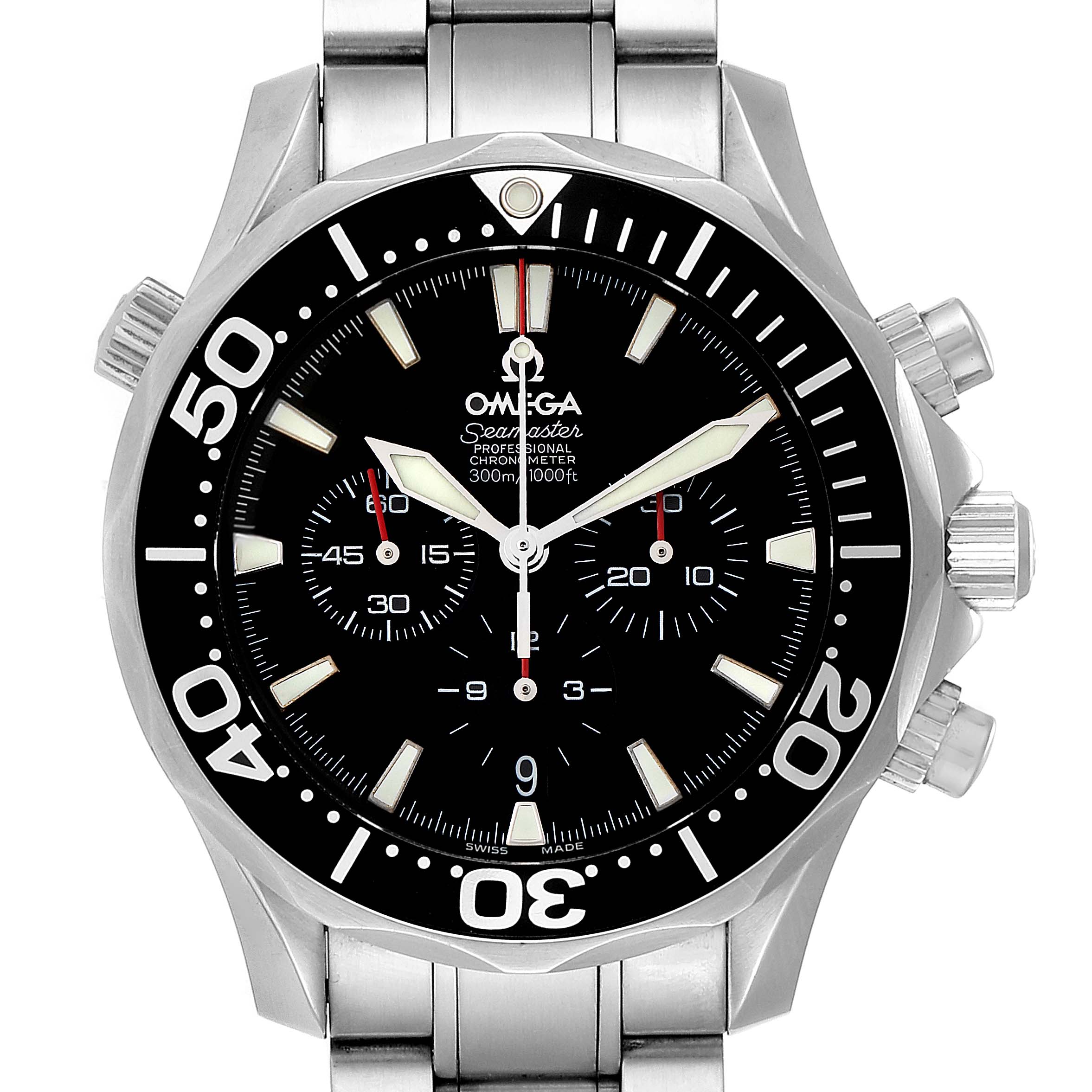 The image shows a front view of an Omega Seamaster 2594.52.00 Men
s Stainless Steel Black Dial 2594.52.00 Men
s Stainless Steel Black Dial watch, highlighting its dial, bezel, and part of the metal bracelet.