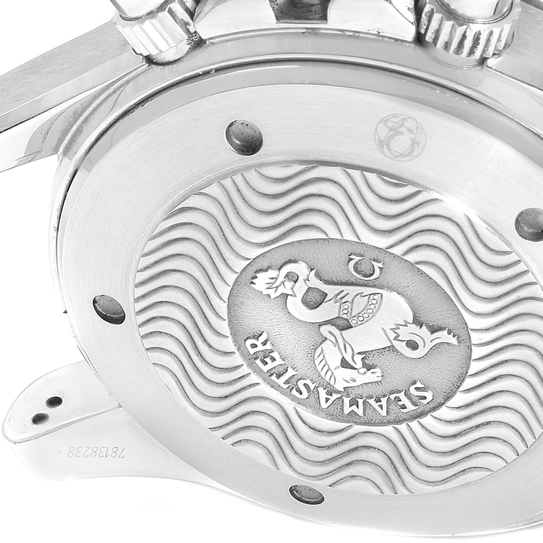 The image shows the case back of an Omega Seamaster 2594.52.00 Men
s Stainless Steel Black Dial 2594.52.00 Men
s Stainless Steel Black Dial watch, highlighting the engraved design and serial number.