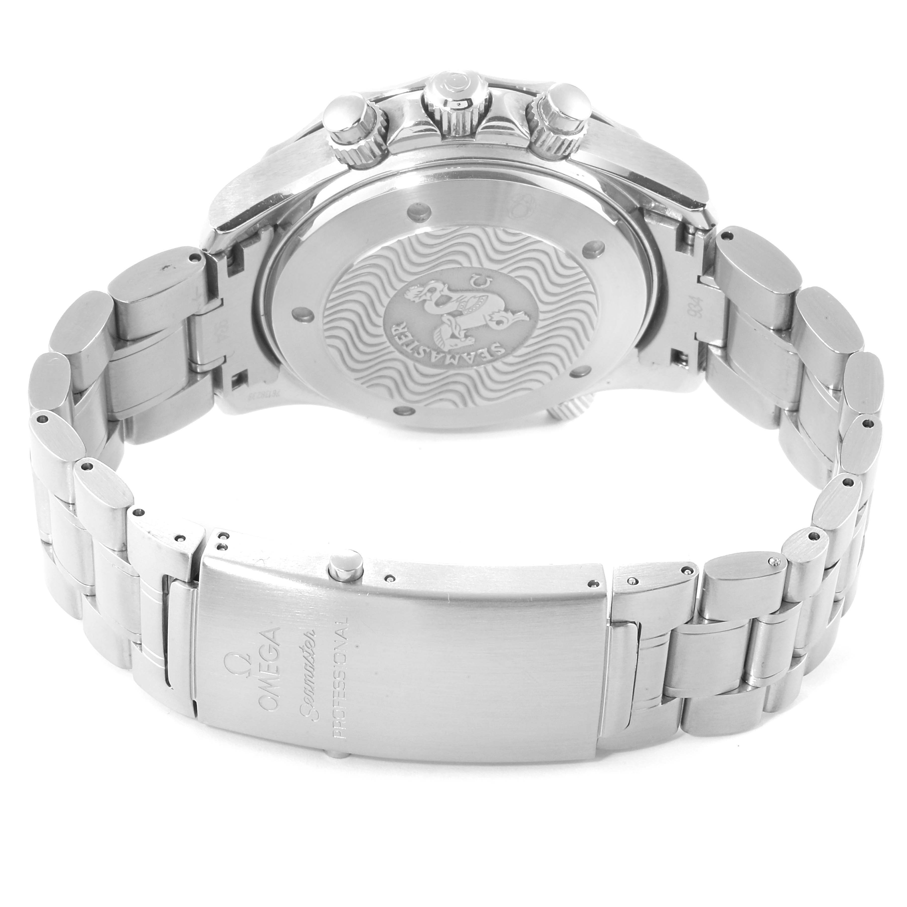 The image shows the back and clasp of an Omega Seamaster 2594.52.00 Men
s Stainless Steel Black Dial 2594.52.00 Men
s Stainless Steel Black Dial watch, focusing on the case back and metal bracelet.